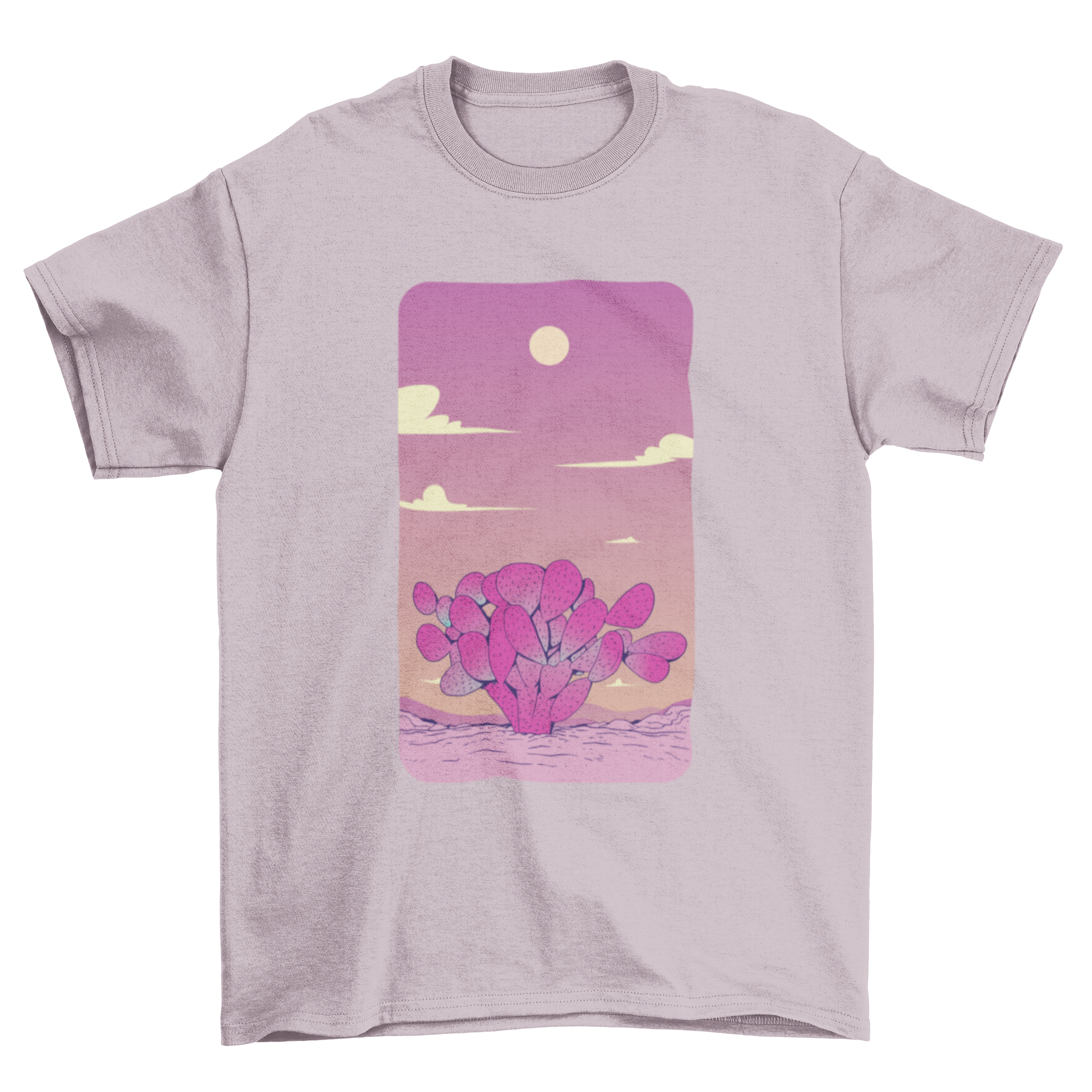 A vibrant purple t-shirt featuring a prickly pear cactus design set in a Mexican desert landscape.