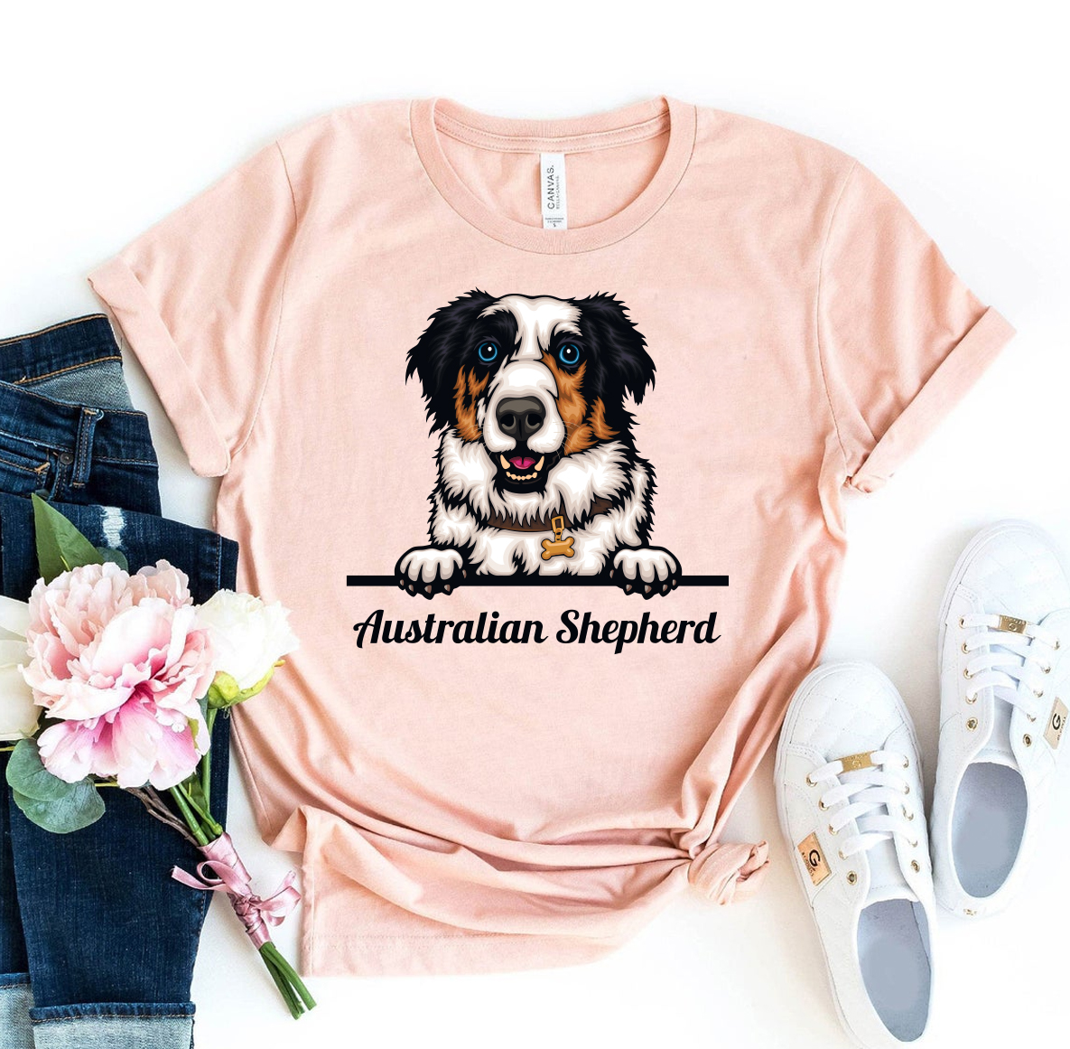 Peeking Australian Shepherd Dog T-shirt featuring a playful design on premium cotton fabric.