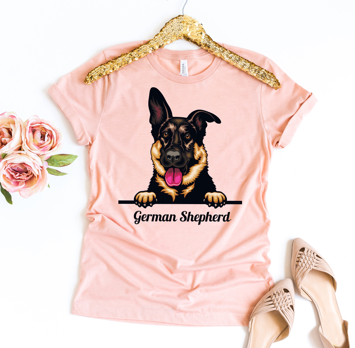 Peeking German Shepherd Dog T-shirt featuring a vibrant design on premium cotton fabric.