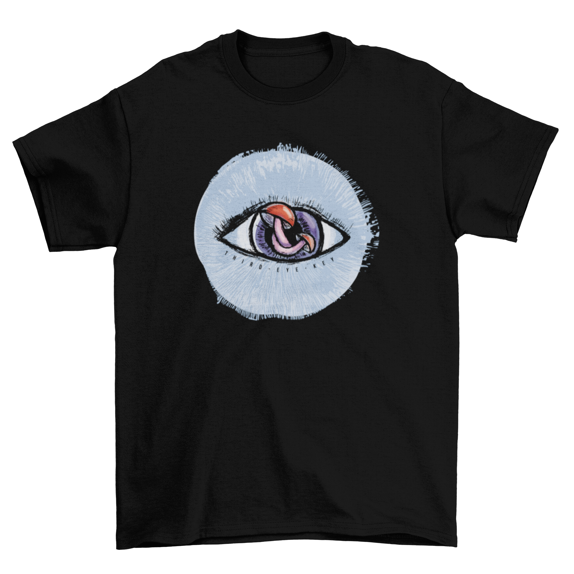 A stylish t-shirt featuring a mystical eye design with a mushroom as the pupil, showcasing vibrant colors and artistic flair.