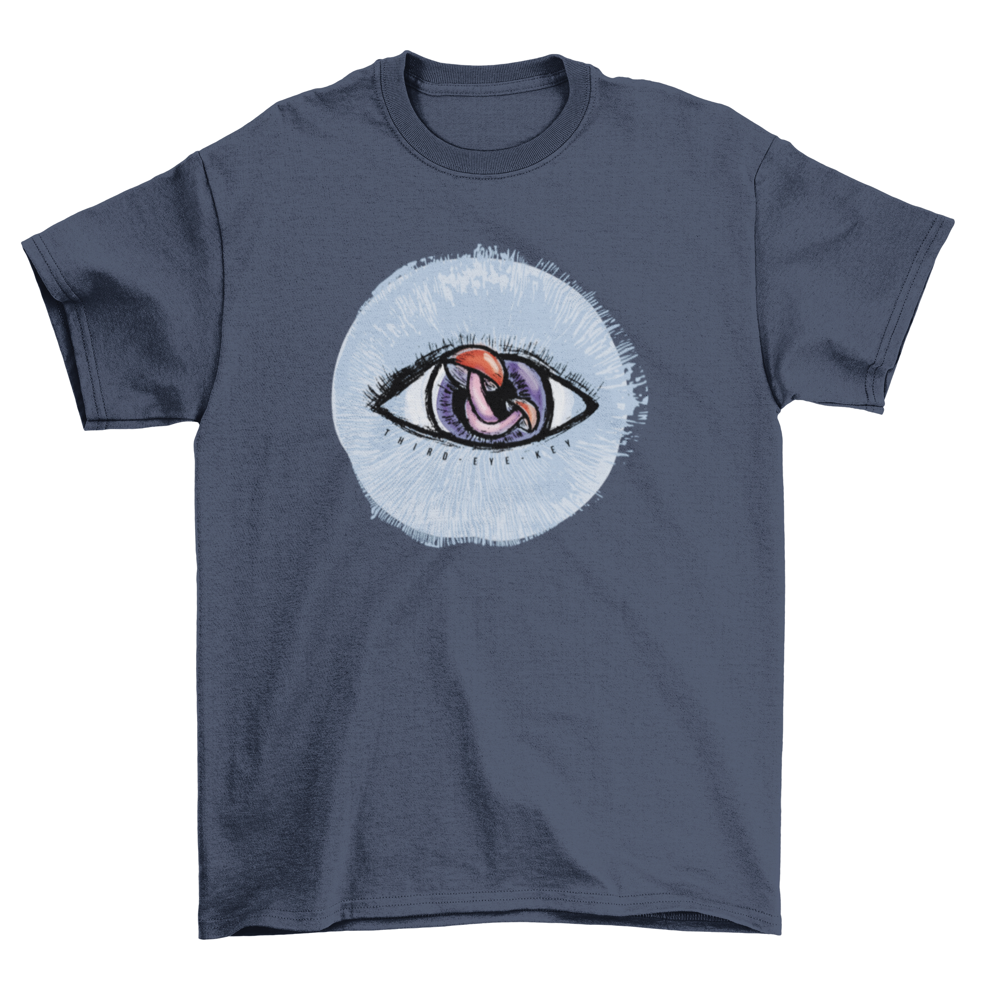 A stylish t-shirt featuring a mystical eye design with a mushroom as the pupil, showcasing vibrant colors and artistic flair.