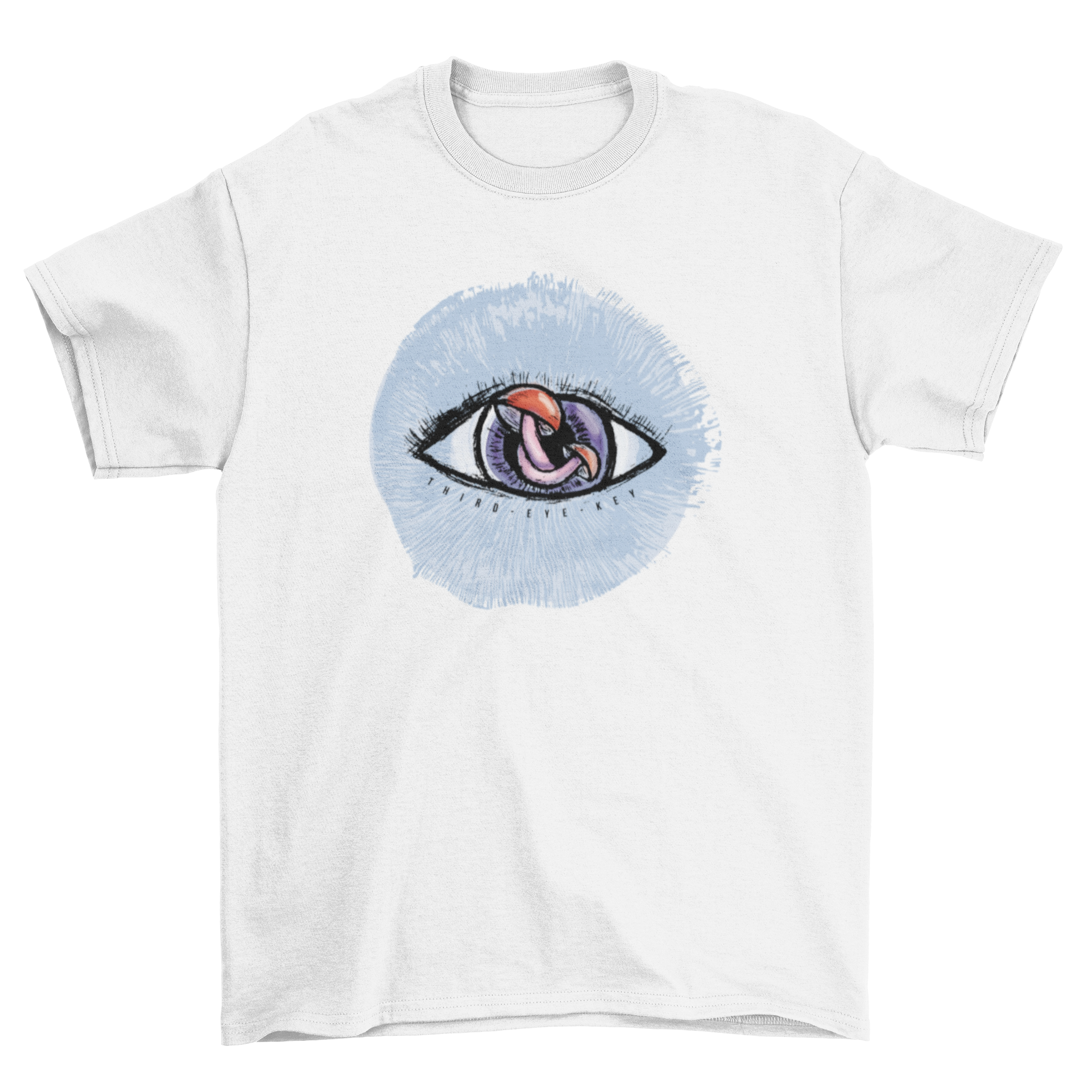 A stylish t-shirt featuring a mystical eye design with a mushroom as the pupil, showcasing vibrant colors and artistic flair.