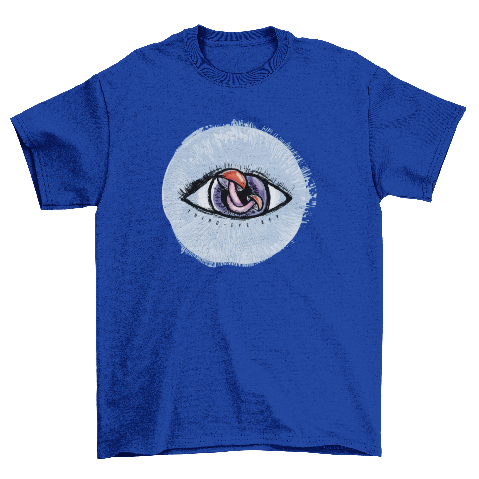 A stylish t-shirt featuring a mystical eye design with a mushroom as the pupil, showcasing vibrant colors and artistic flair.