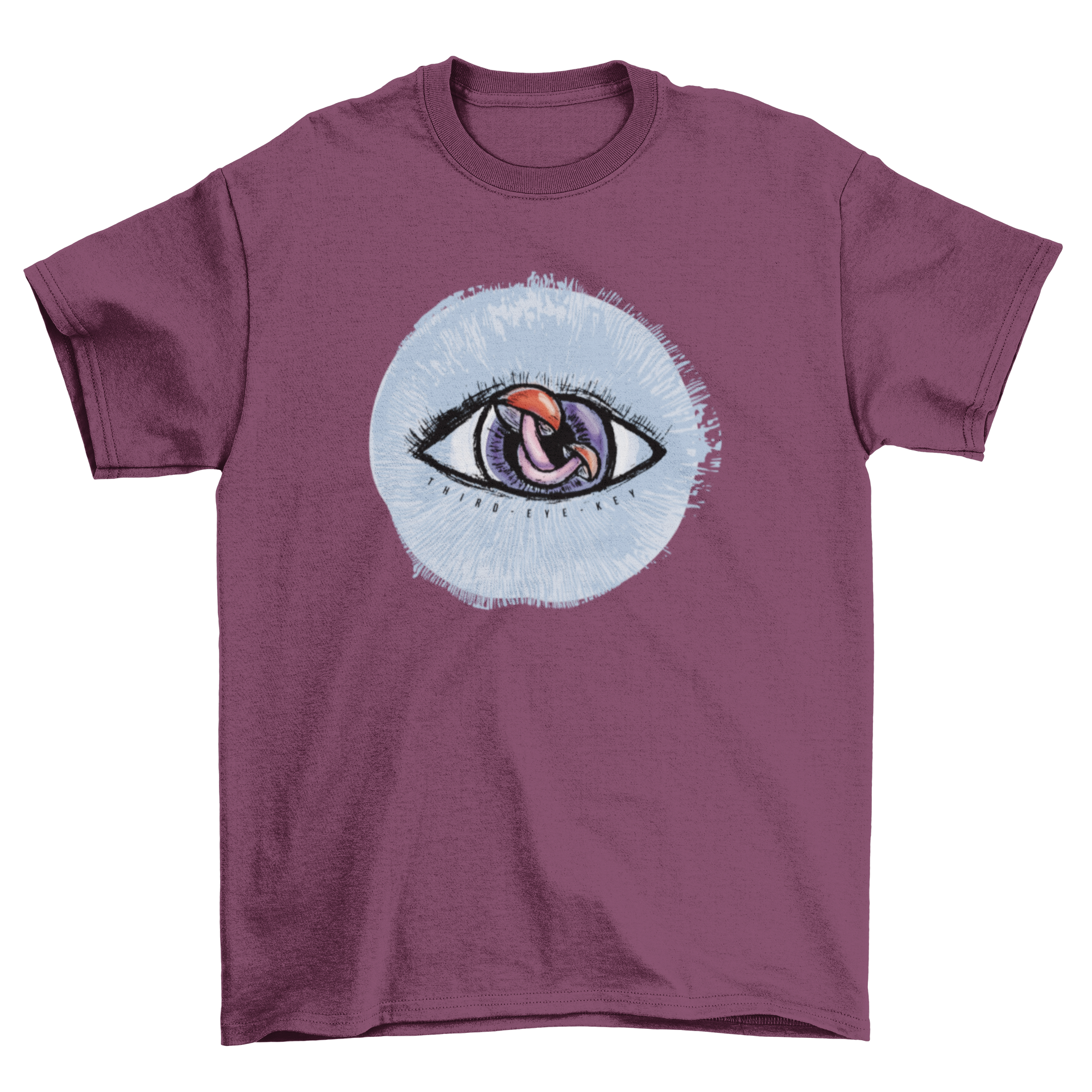 A stylish t-shirt featuring a mystical eye design with a mushroom as the pupil, showcasing vibrant colors and artistic flair.