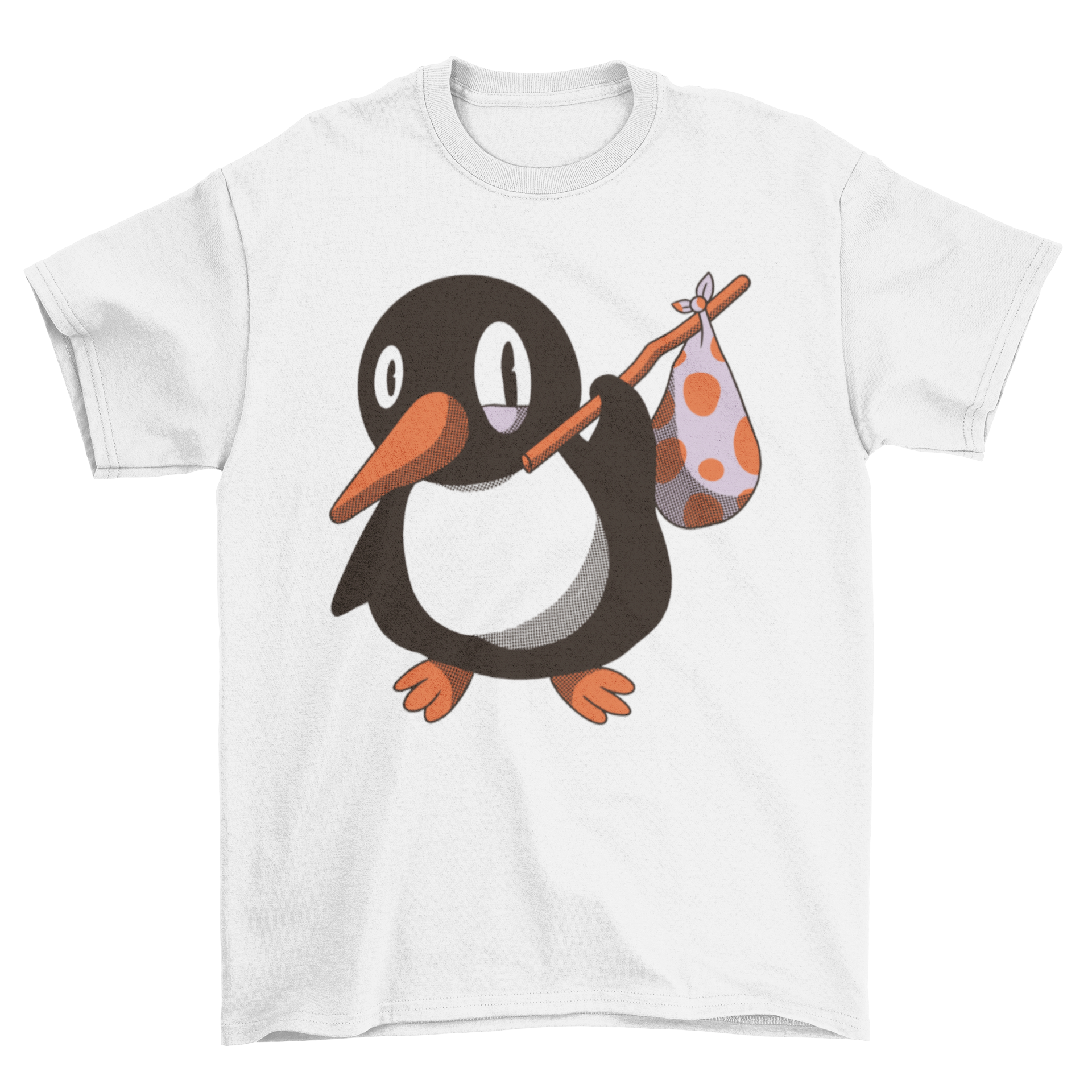 A stylish t-shirt featuring a playful illustration of a penguin carrying a bag, perfect for casual wear.