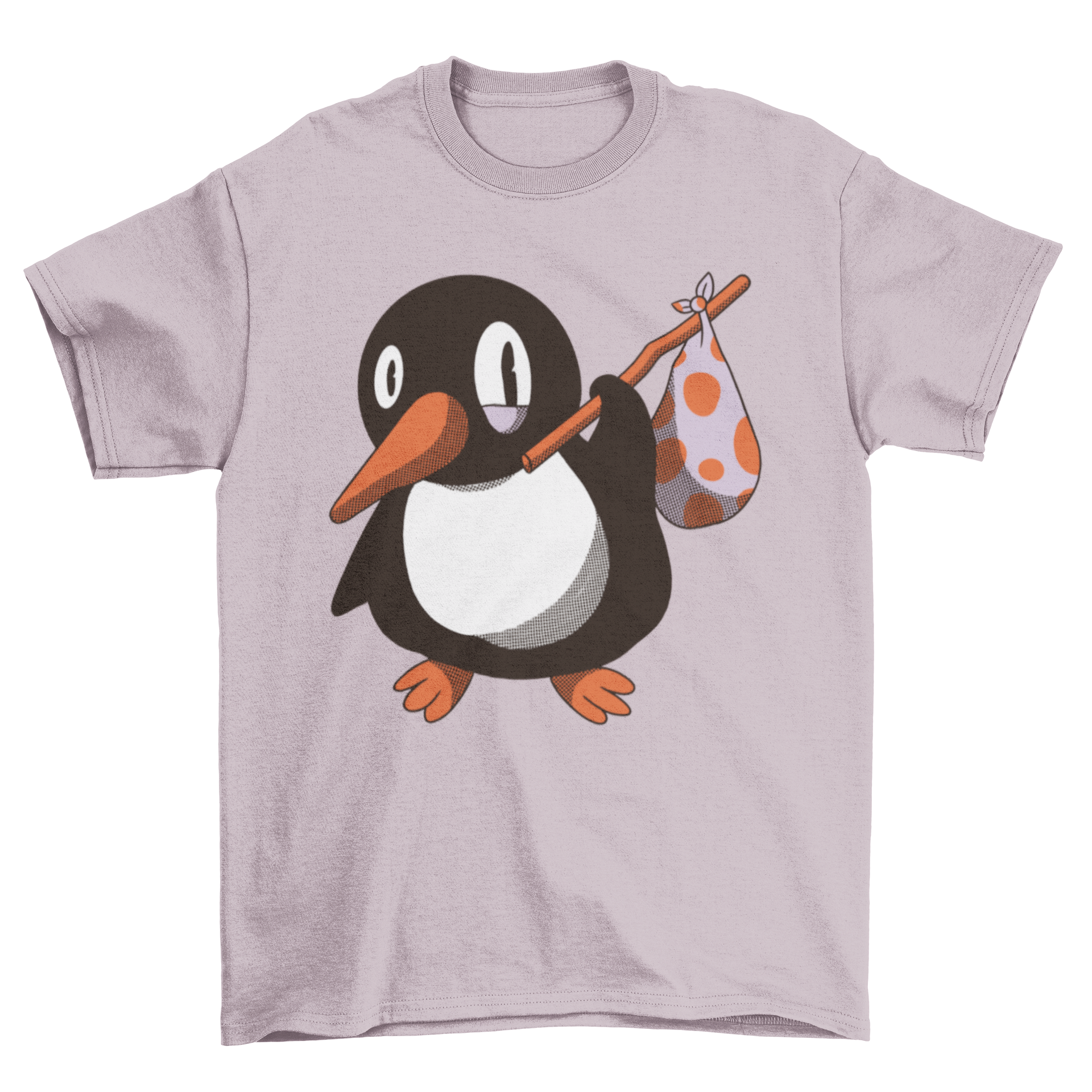 A stylish t-shirt featuring a playful illustration of a penguin carrying a bag, perfect for casual wear.