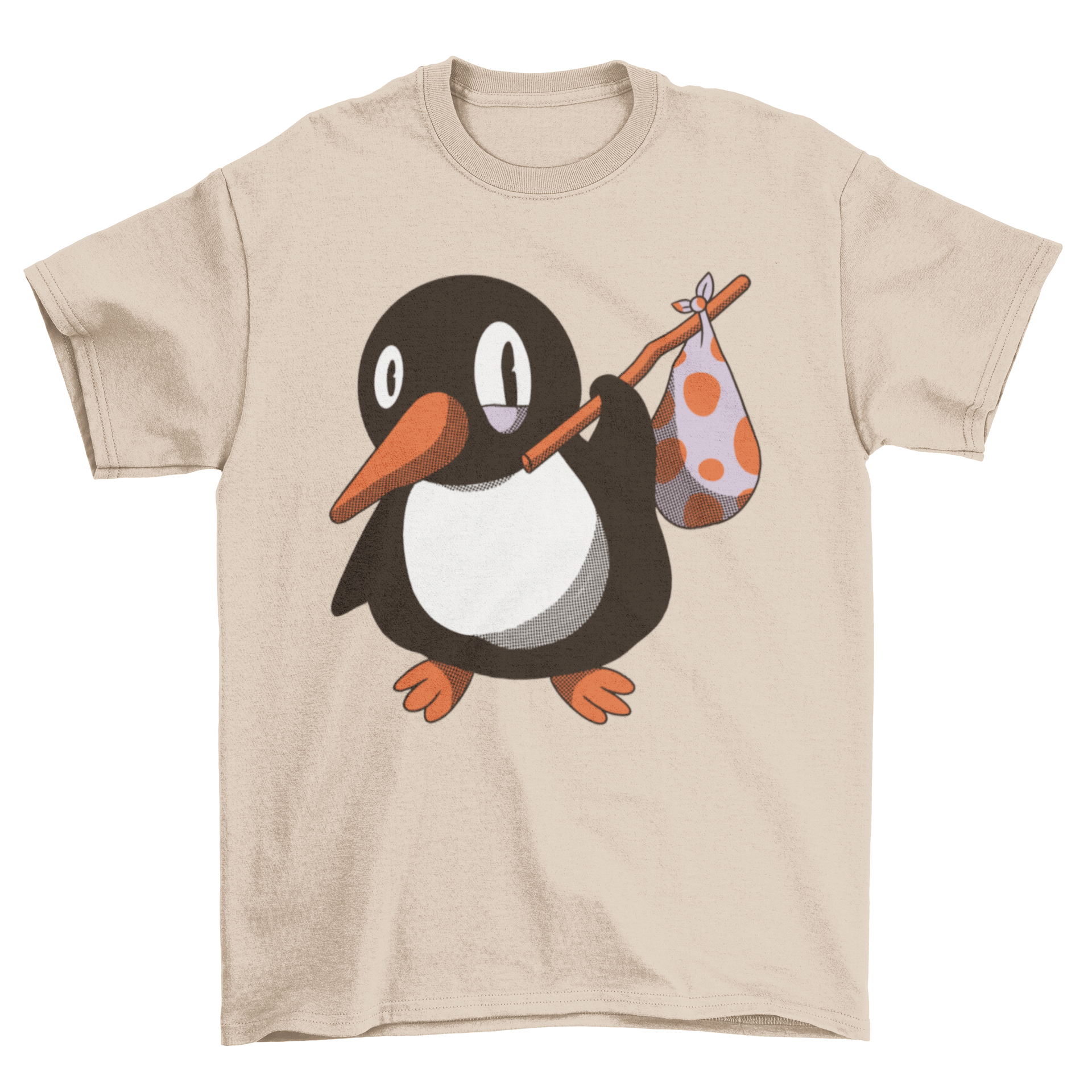 A stylish t-shirt featuring a playful illustration of a penguin carrying a bag, perfect for casual wear.