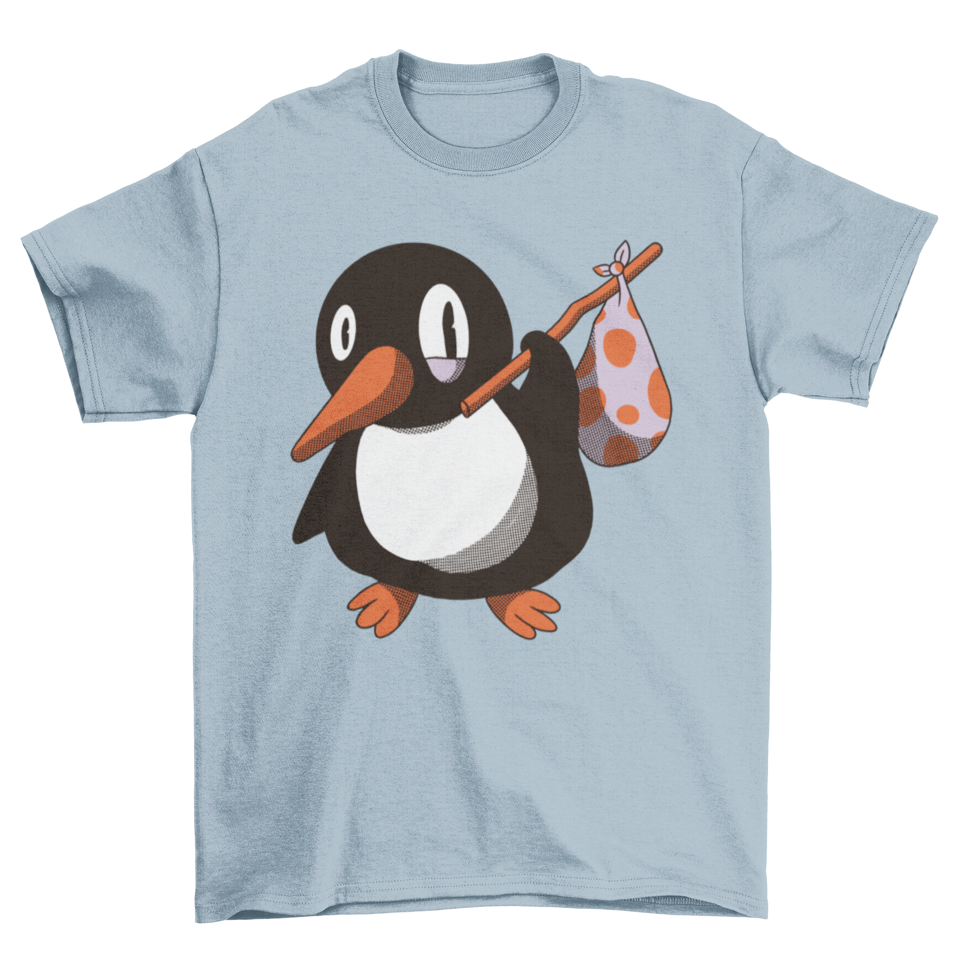 A stylish t-shirt featuring a playful illustration of a penguin carrying a bag, perfect for casual wear.