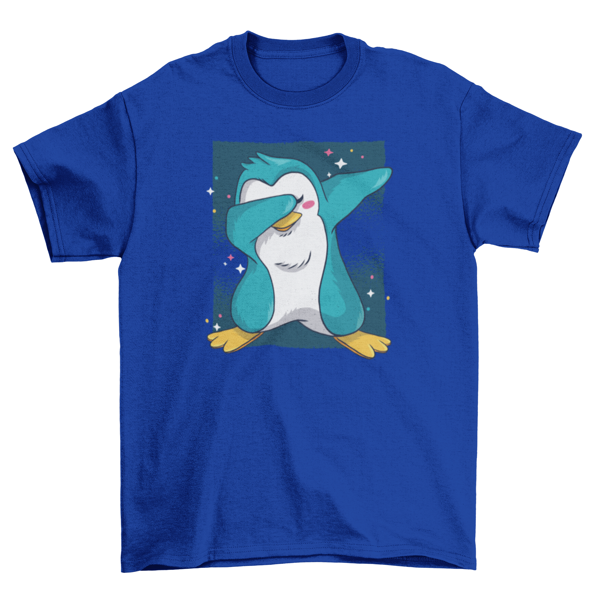 A cute blue penguin performing a dab dance move against a starry night sky background on a t-shirt.