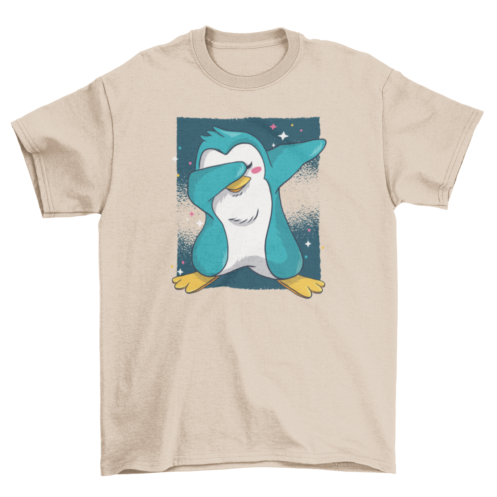 A cute blue penguin performing a dab dance move against a starry night sky background on a t-shirt.