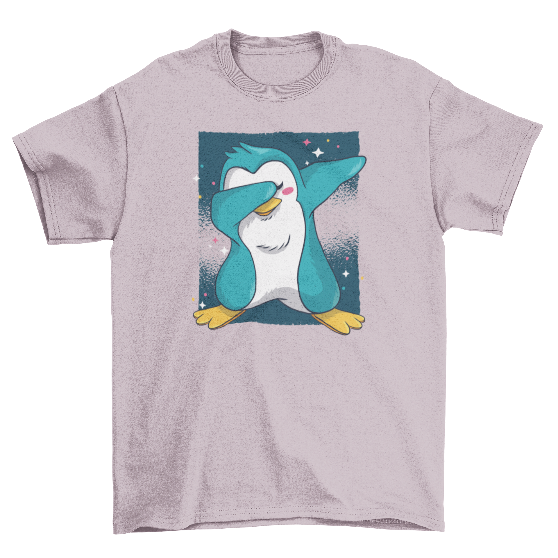 A cute blue penguin performing a dab dance move against a starry night sky background on a t-shirt.