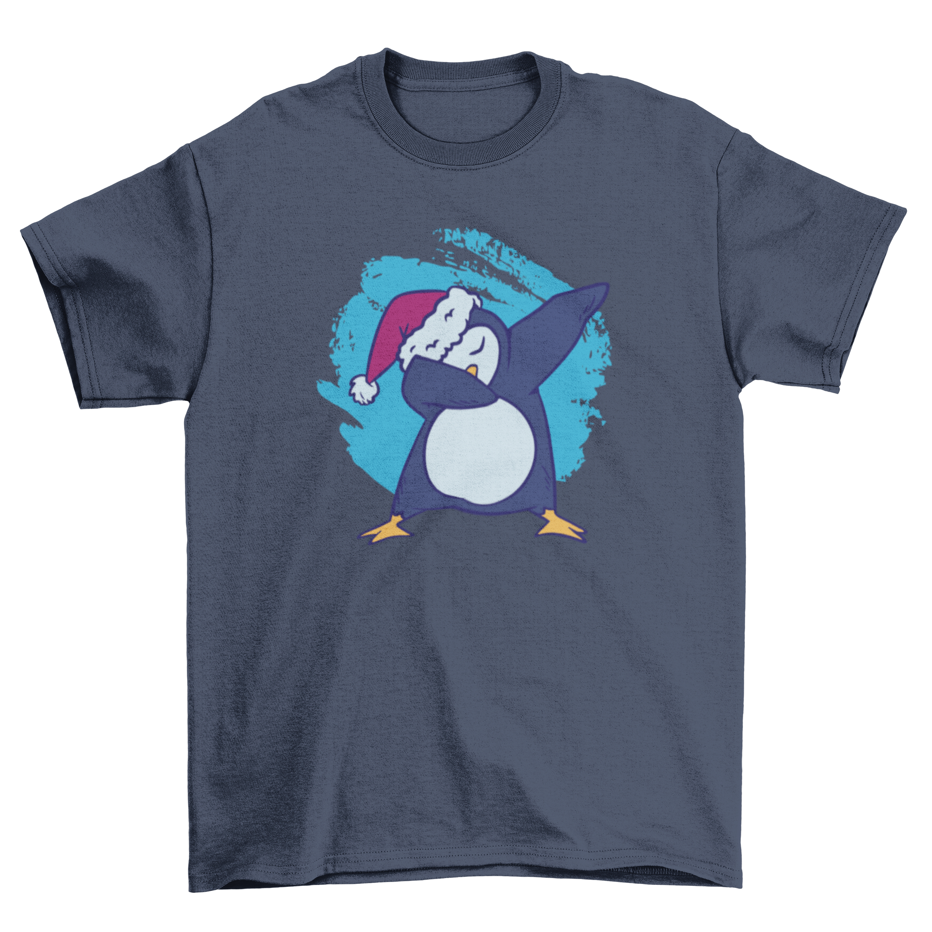 A humorous t-shirt featuring a penguin dabbing while wearing a festive Santa hat, perfect for holiday celebrations.