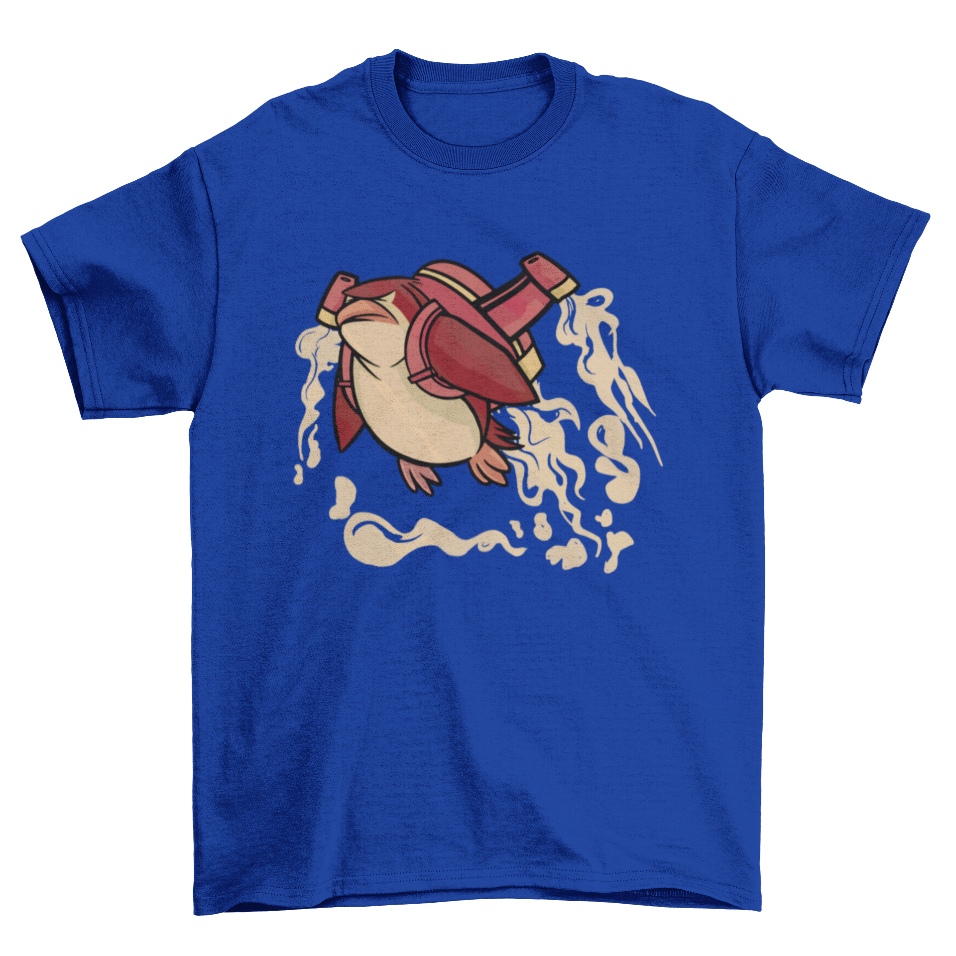 A playful t-shirt featuring a penguin flying with a jetpack, showcasing a fun and whimsical design.