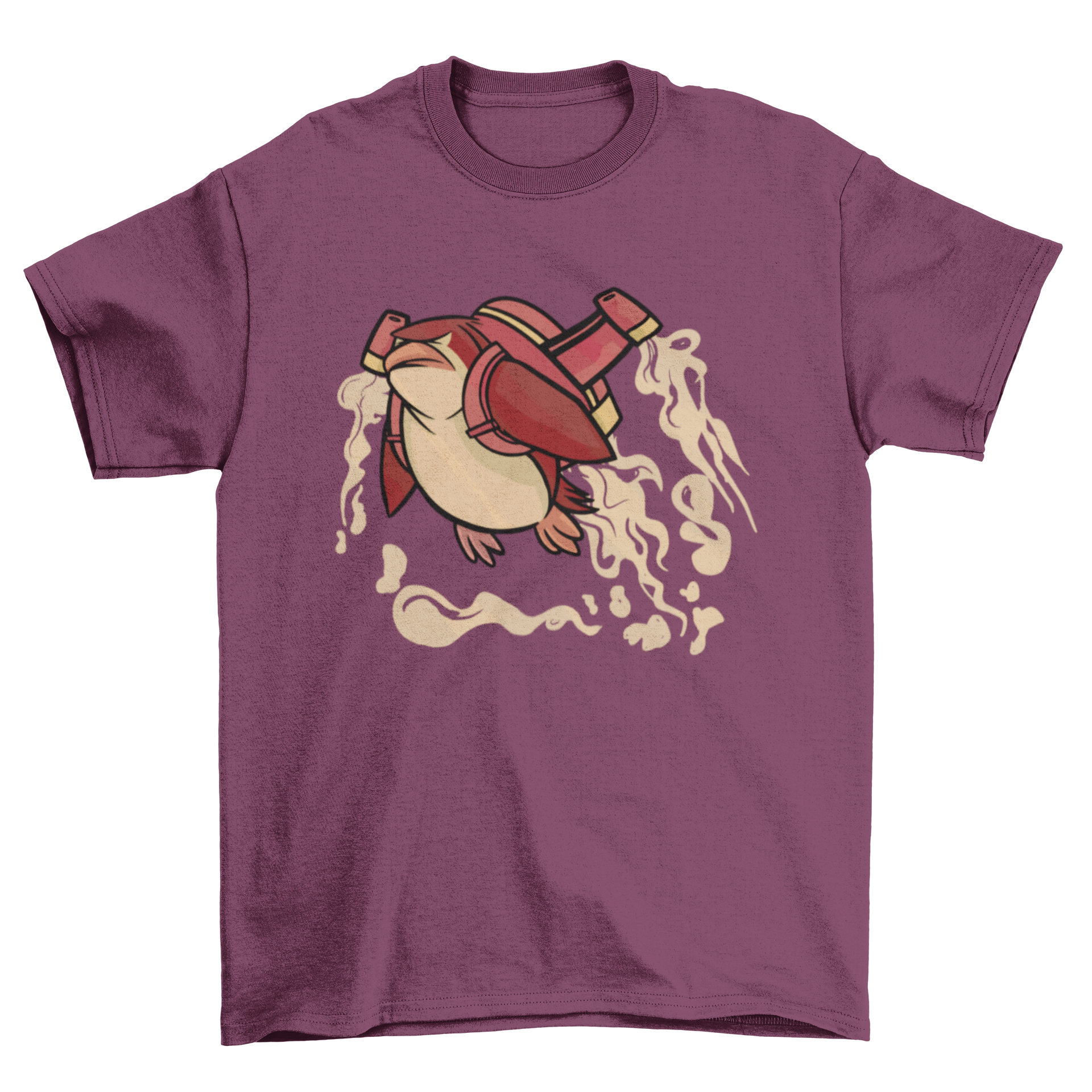 A playful t-shirt featuring a penguin flying with a jetpack, showcasing a fun and whimsical design.