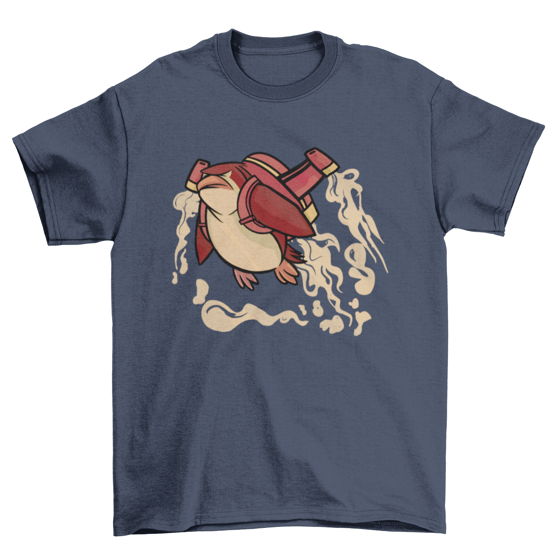 A playful t-shirt featuring a penguin flying with a jetpack, showcasing a fun and whimsical design.