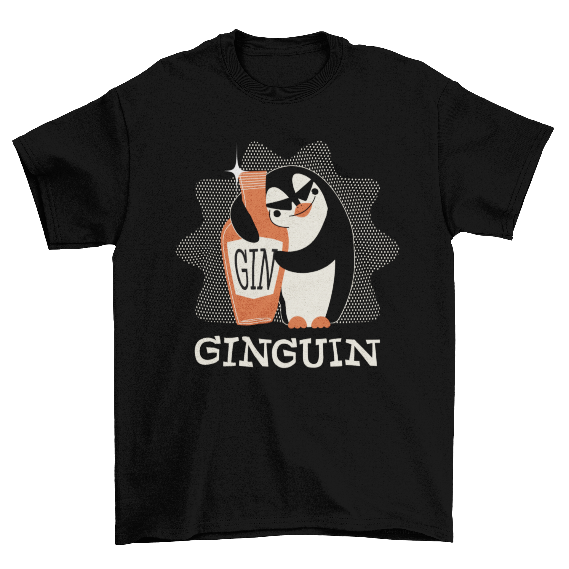 A playful Penguin Gin T-shirt featuring a cartoon penguin hugging a gin bottle with the word 'GINGUIN'.