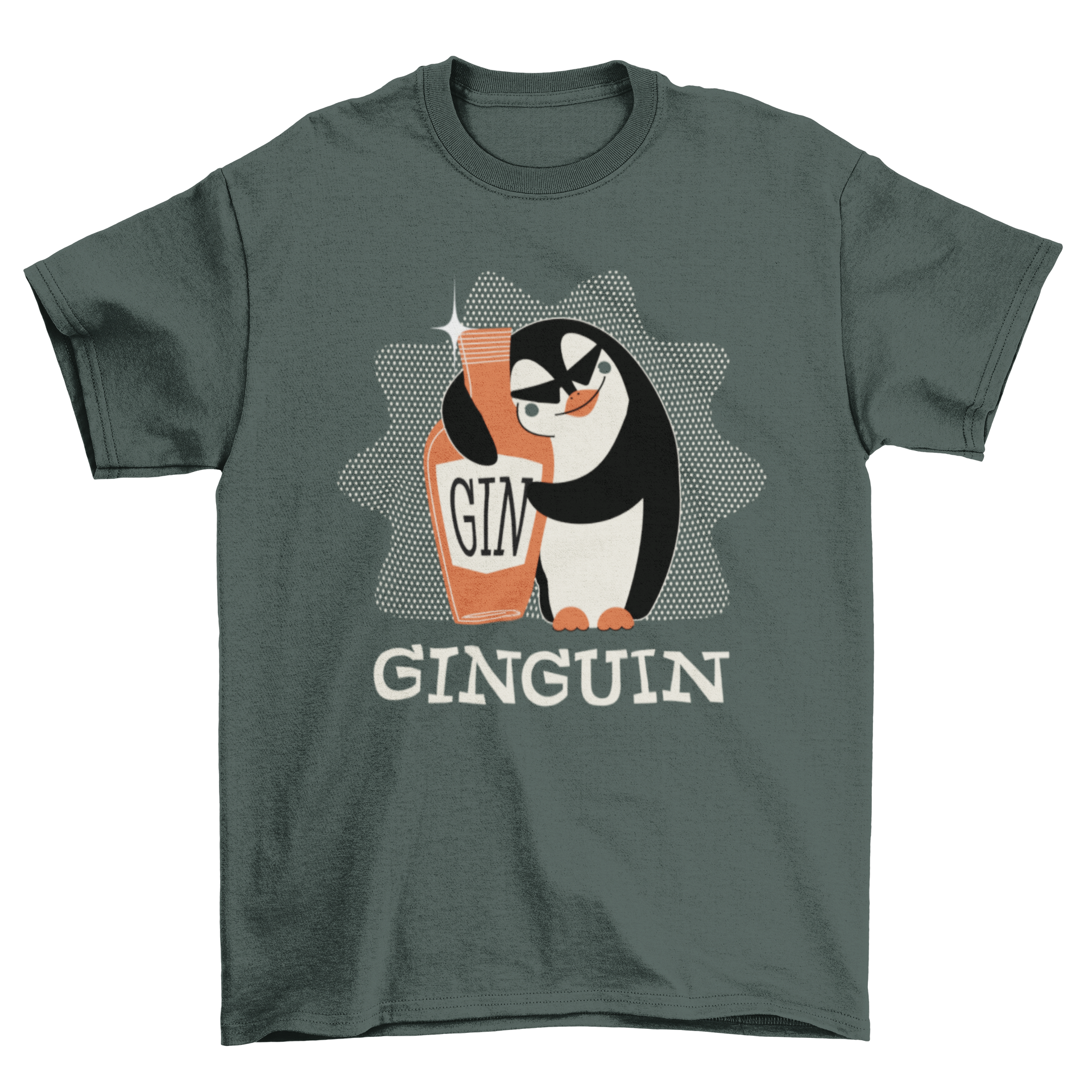 A playful Penguin Gin T-shirt featuring a cartoon penguin hugging a gin bottle with the word 'GINGUIN'.