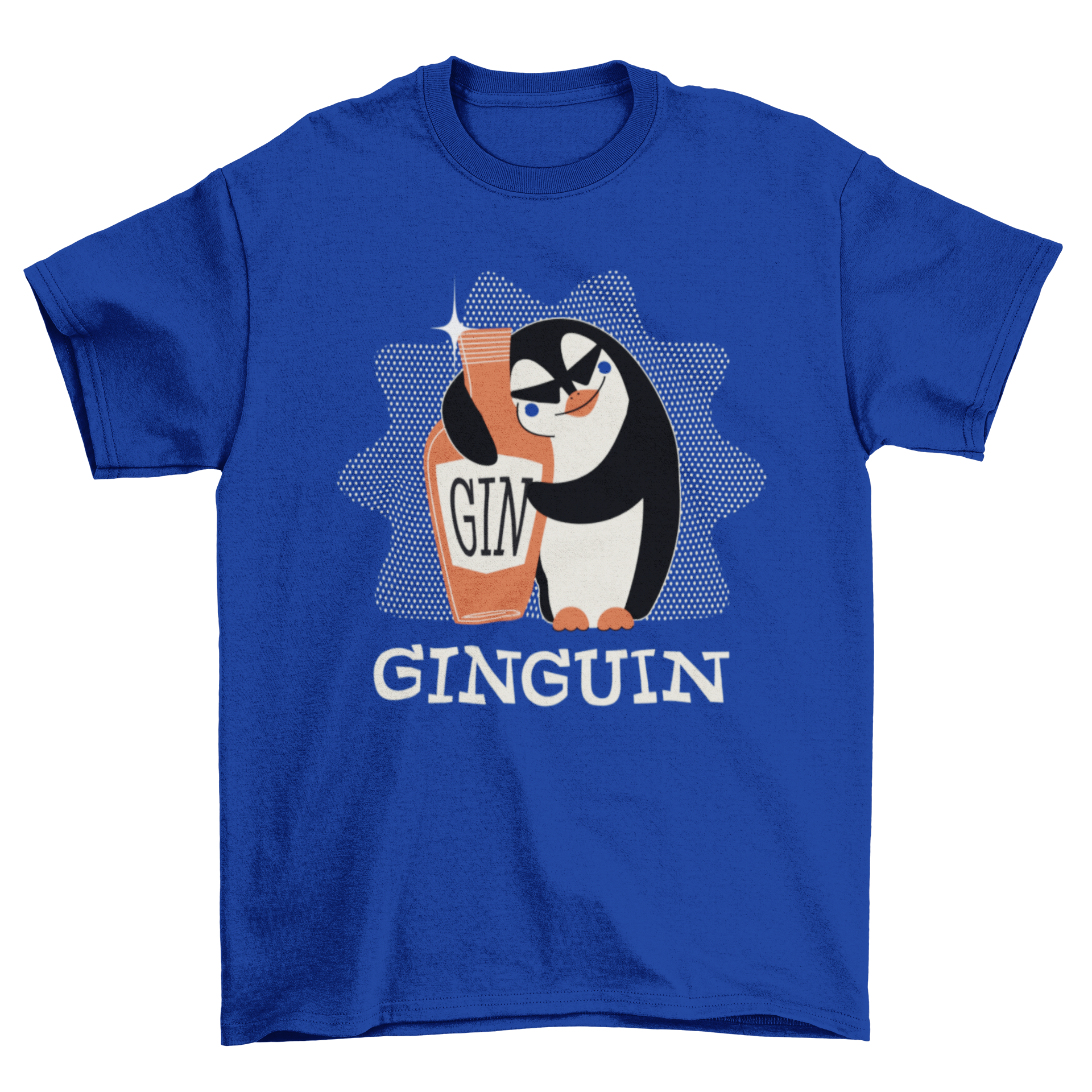 A playful Penguin Gin T-shirt featuring a cartoon penguin hugging a gin bottle with the word 'GINGUIN'.