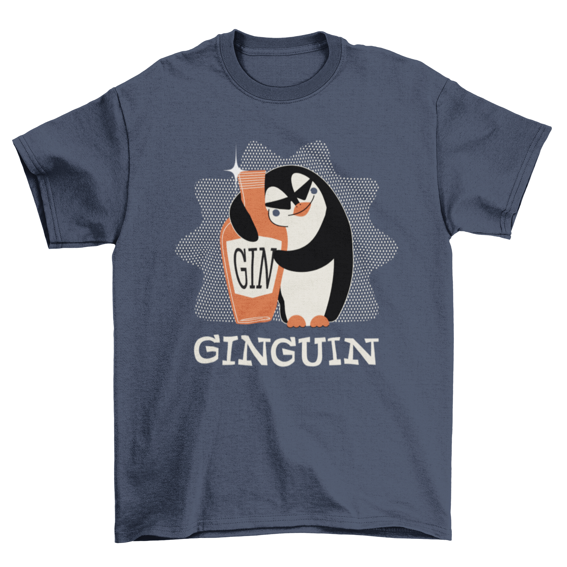 A playful Penguin Gin T-shirt featuring a cartoon penguin hugging a gin bottle with the word 'GINGUIN'.