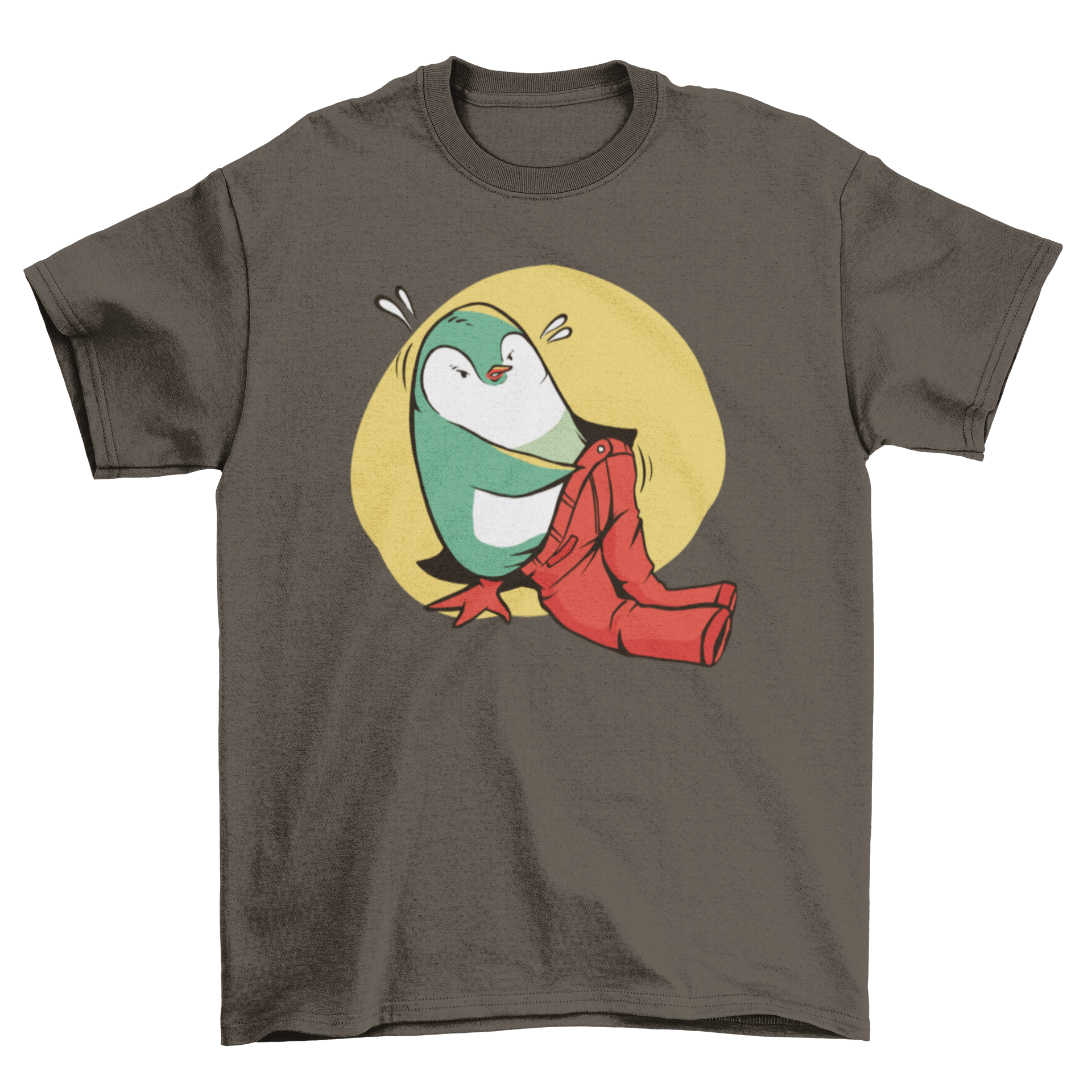 A playful T-shirt featuring a cute penguin trying to wear pants, showcasing a fun and whimsical design.