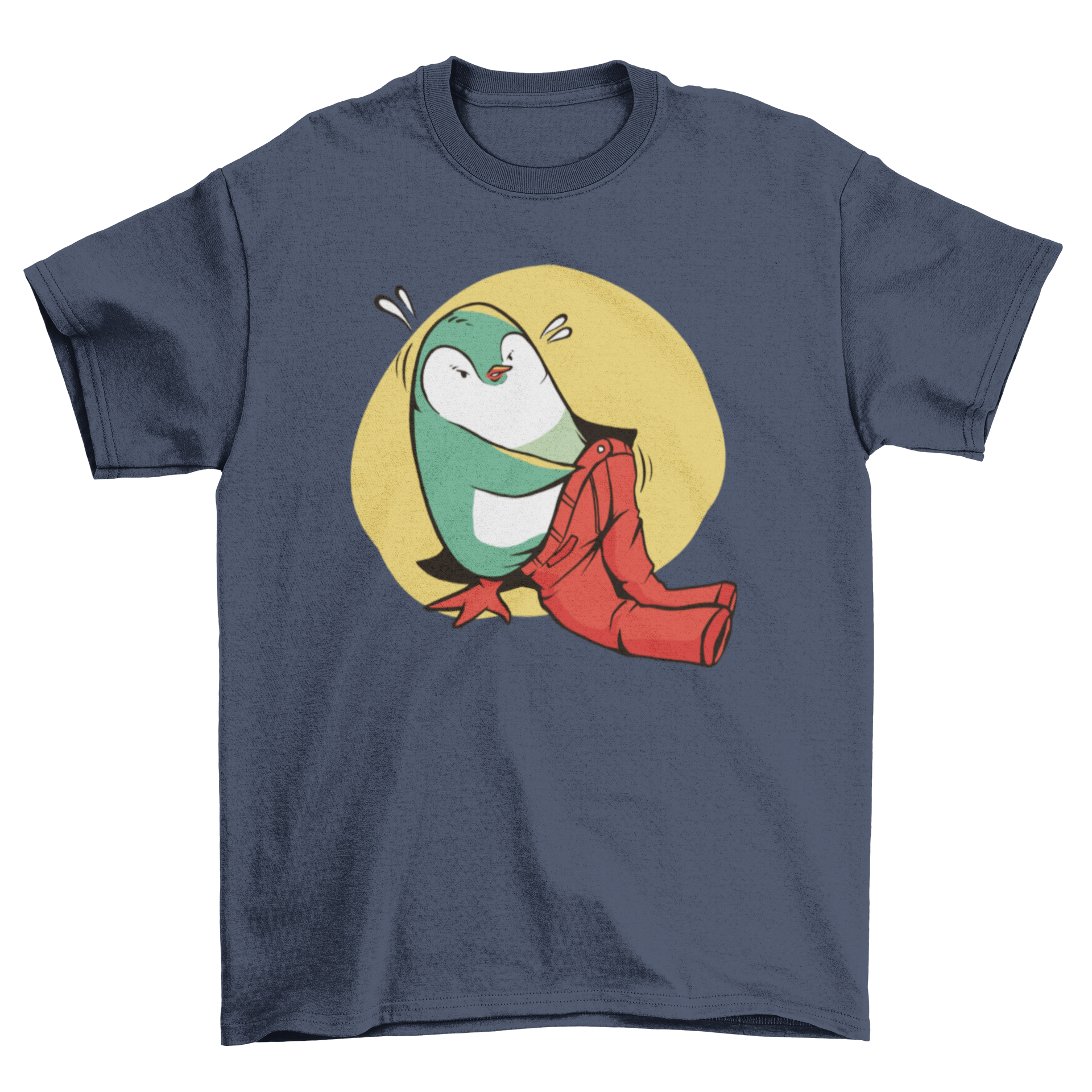 A playful T-shirt featuring a cute penguin trying to wear pants, showcasing a fun and whimsical design.