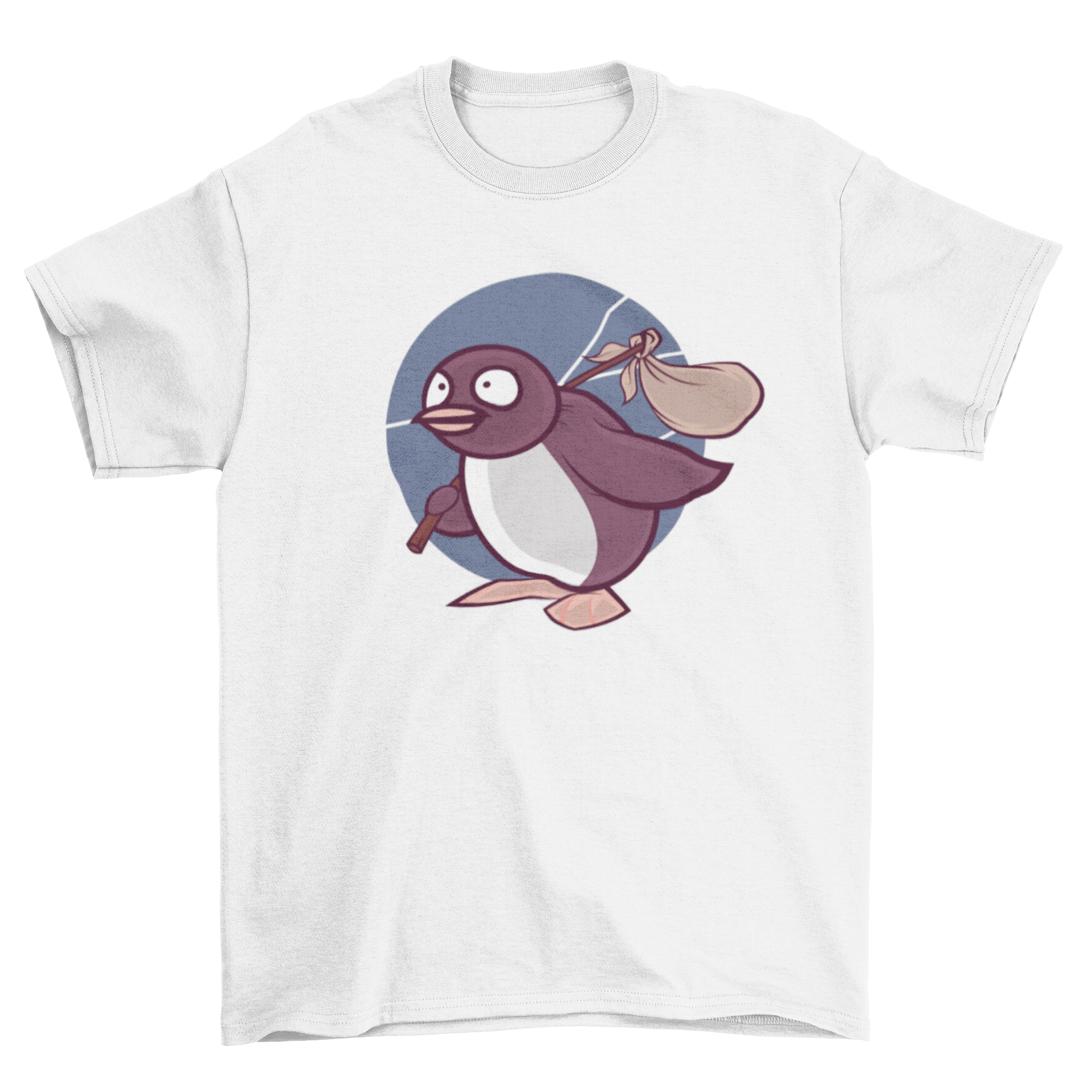 A stylish Penguin T-shirt featuring Pingu carrying a travel bag, perfect for casual wear.