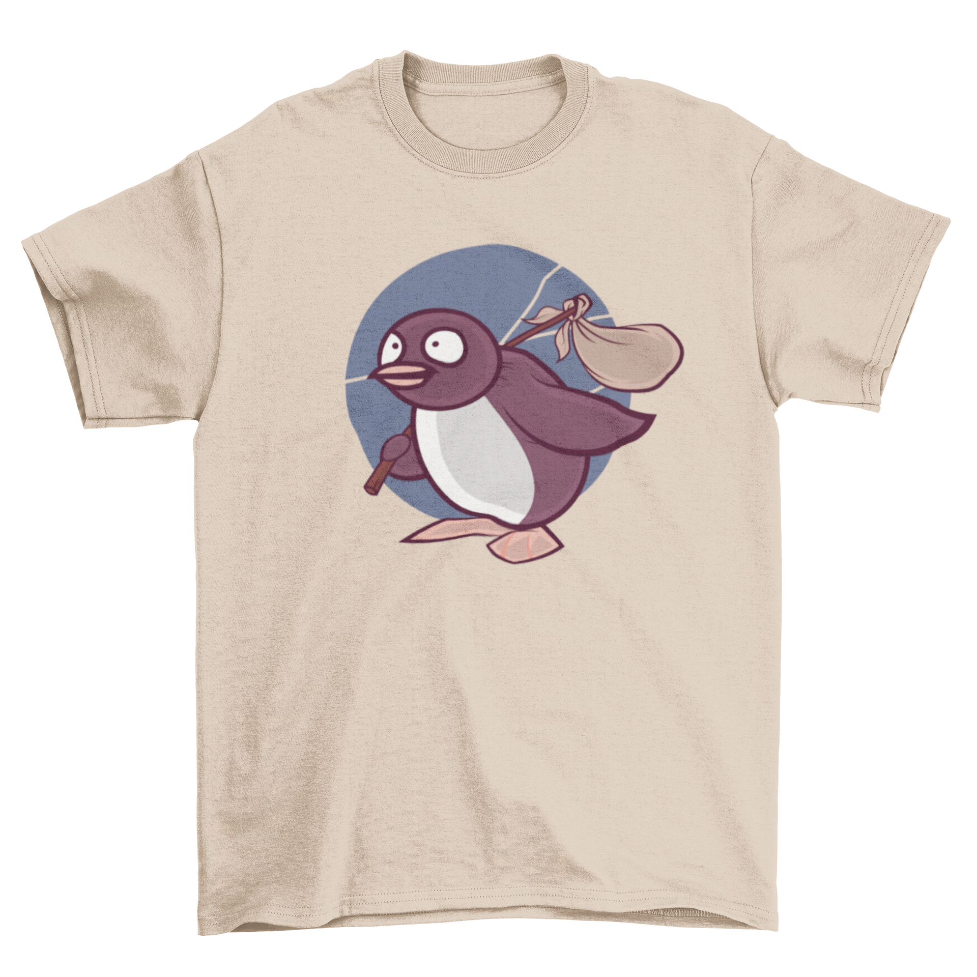 A stylish Penguin T-shirt featuring Pingu carrying a travel bag, perfect for casual wear.