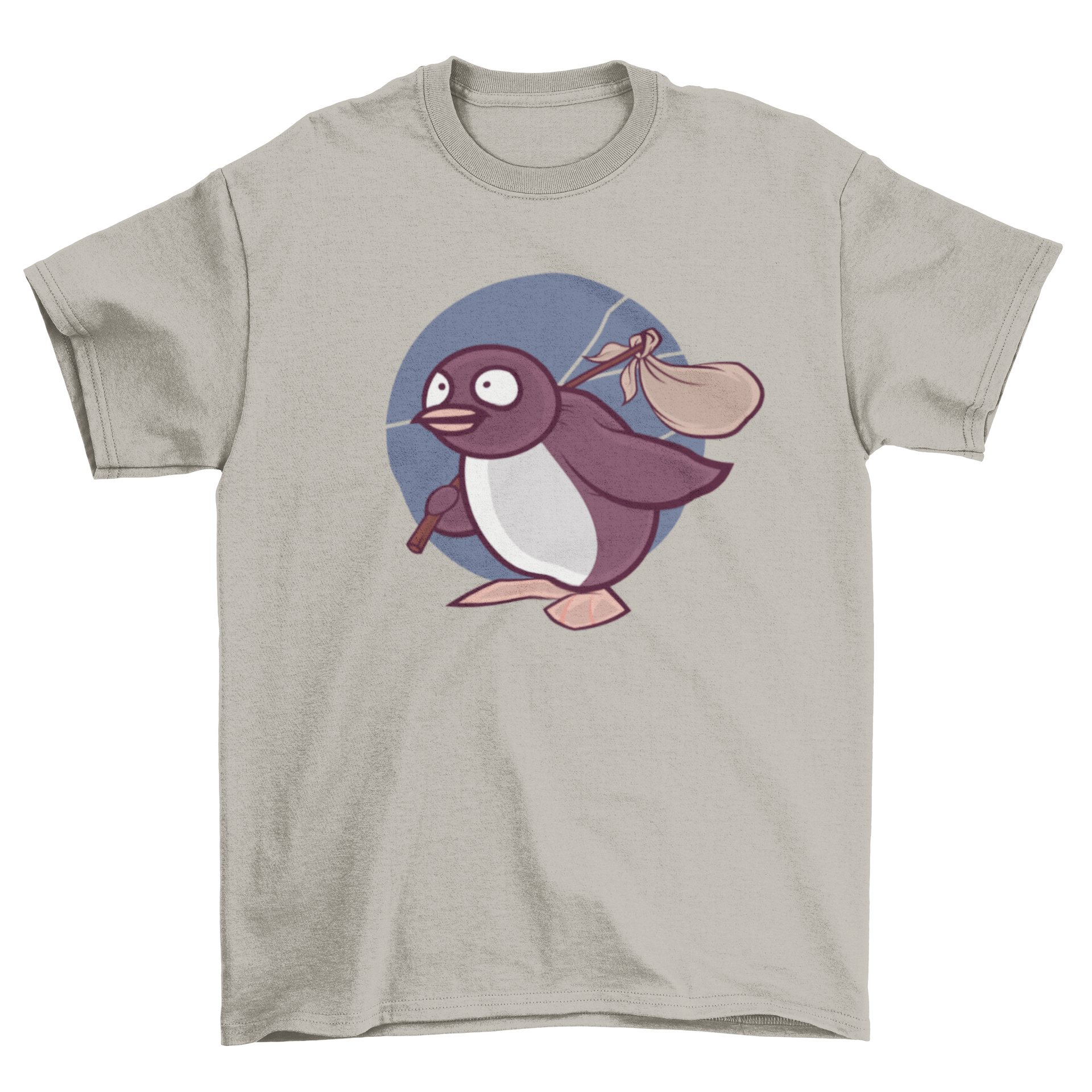 A stylish Penguin T-shirt featuring Pingu carrying a travel bag, perfect for casual wear.