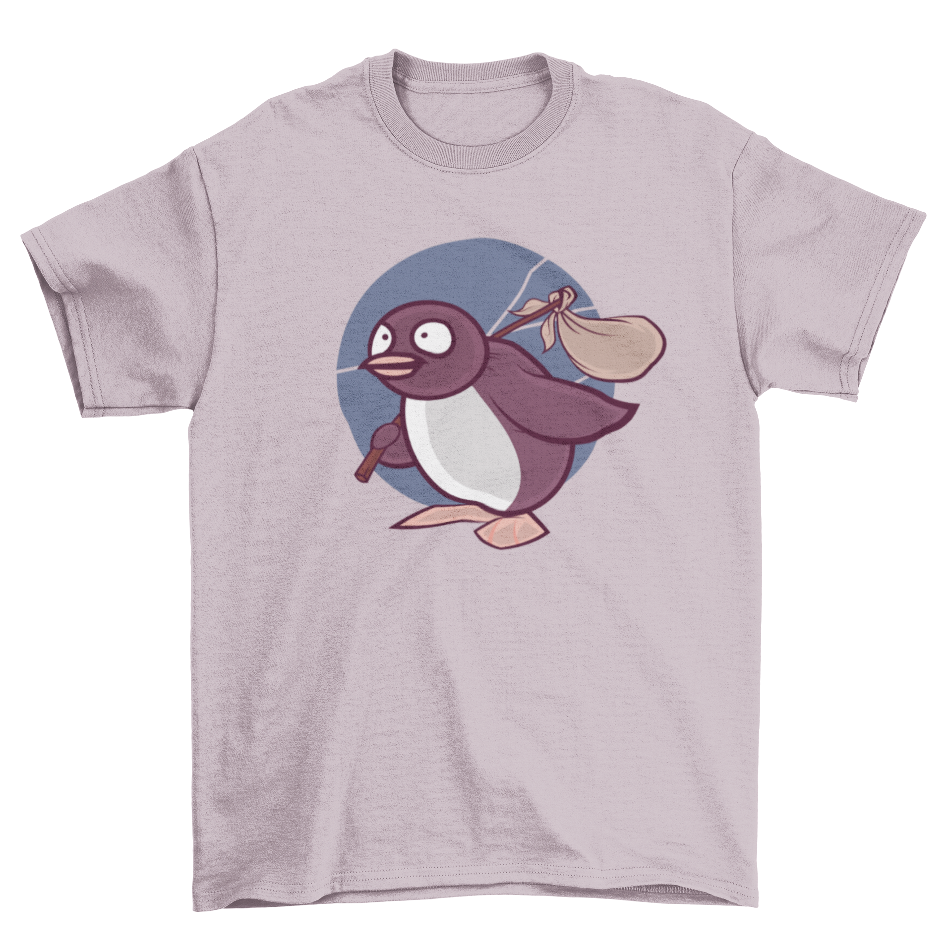 A stylish Penguin T-shirt featuring Pingu carrying a travel bag, perfect for casual wear.