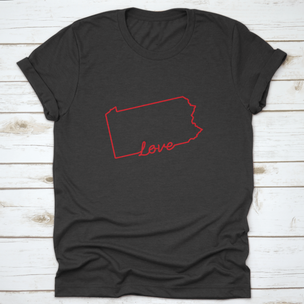 A red outline map of Pennsylvania with the word 'Love' handwritten across it, showcasing a unique design for state enthusiasts.