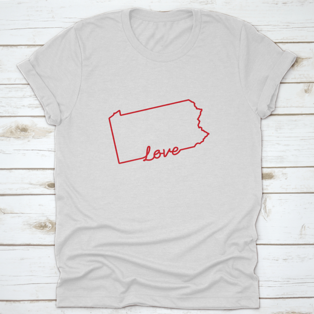 A red outline map of Pennsylvania with the word 'Love' handwritten across it, showcasing a unique design for state enthusiasts.