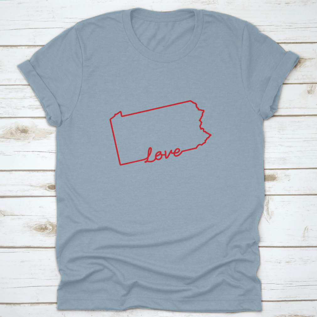 A red outline map of Pennsylvania with the word 'Love' handwritten across it, showcasing a unique design for state enthusiasts.