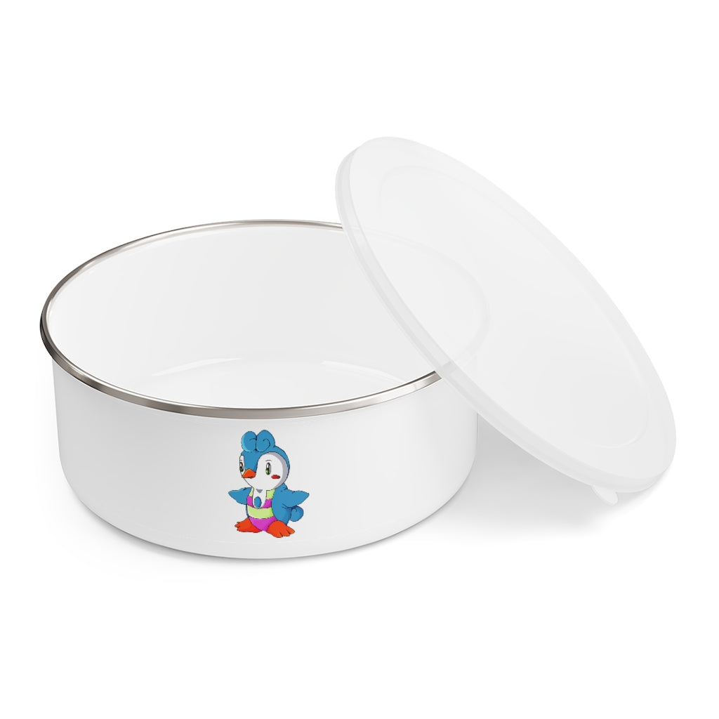 Penny Enamel Bowl in stylish design with translucent lid, showcasing its lightweight stainless steel and anti-slip backing.