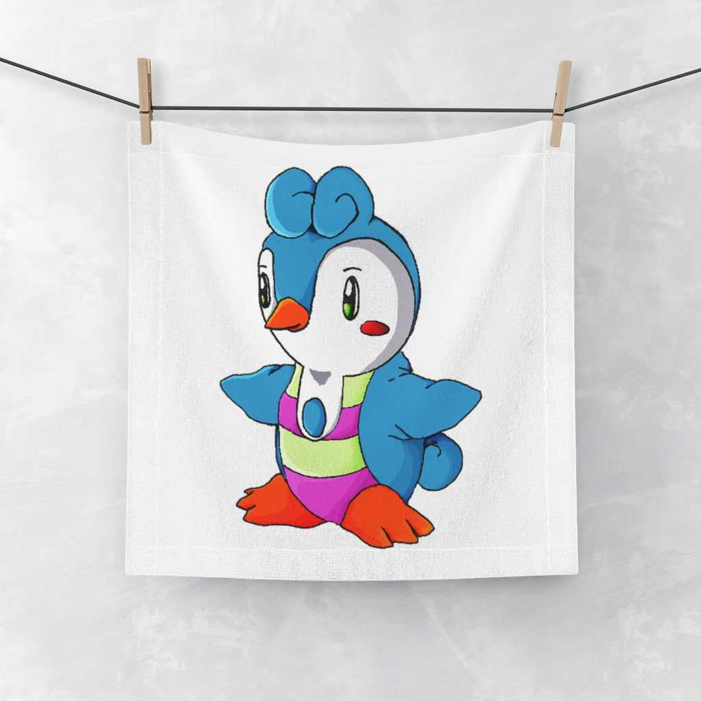 A customizable Penny Face Towel featuring a polyester blend front for printing and a soft cotton back, measuring 13x13 inches.