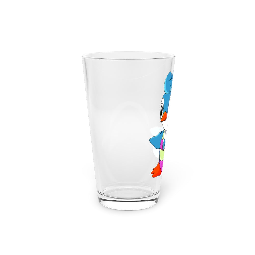 A clear 16oz Penny Pint Glass showcasing a customizable design, perfect for beverages.