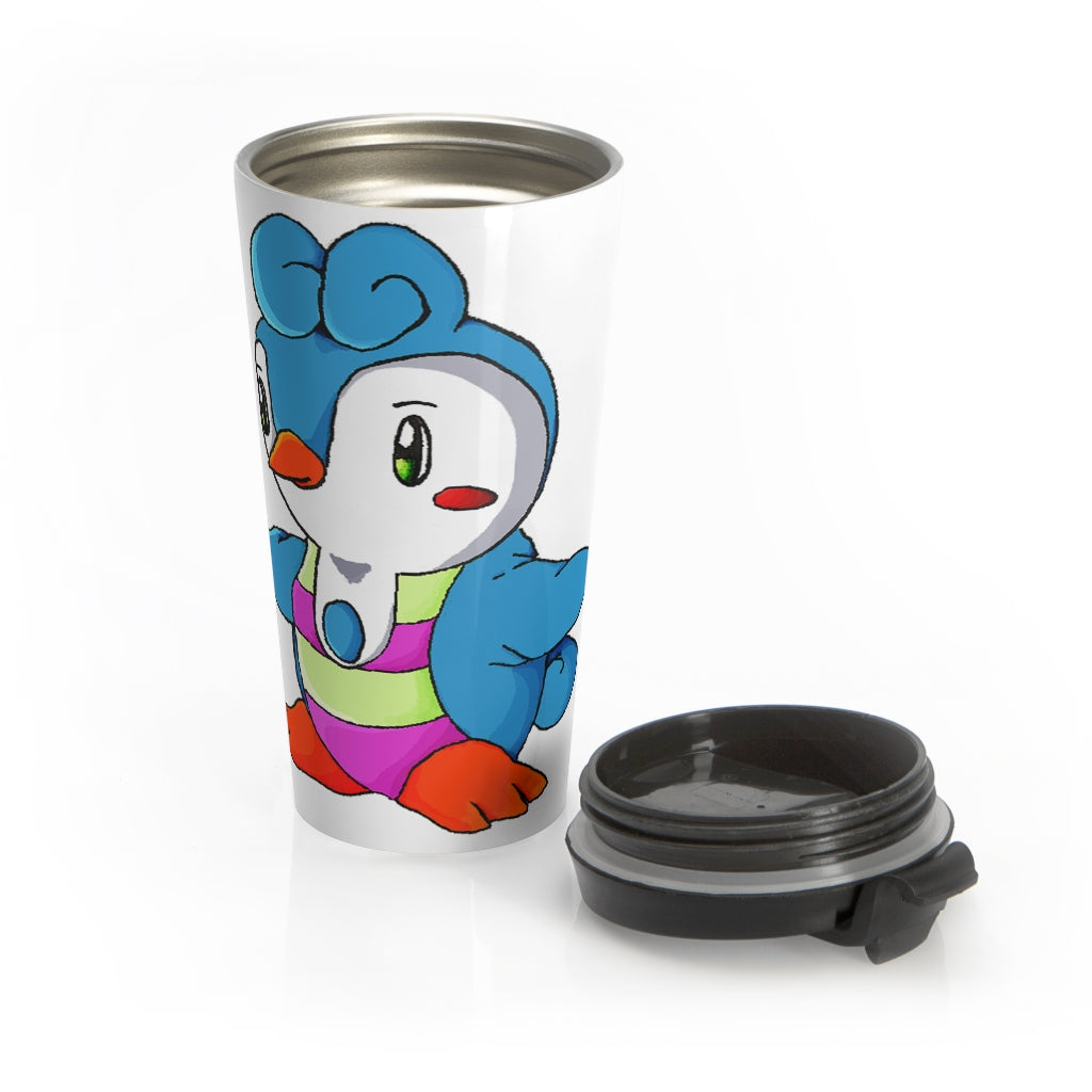 Penny Stainless Steel Travel Mug with black lid, showcasing its sleek design and stainless steel finish.