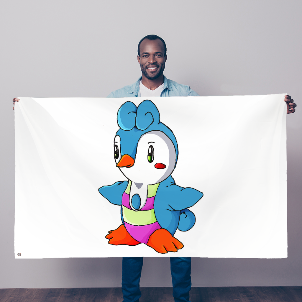 A vibrant Penny Sublimation Flag measuring 5FT x 3FT, made from durable polyester fabric with double-stitched edges and two eyelets for easy hanging.