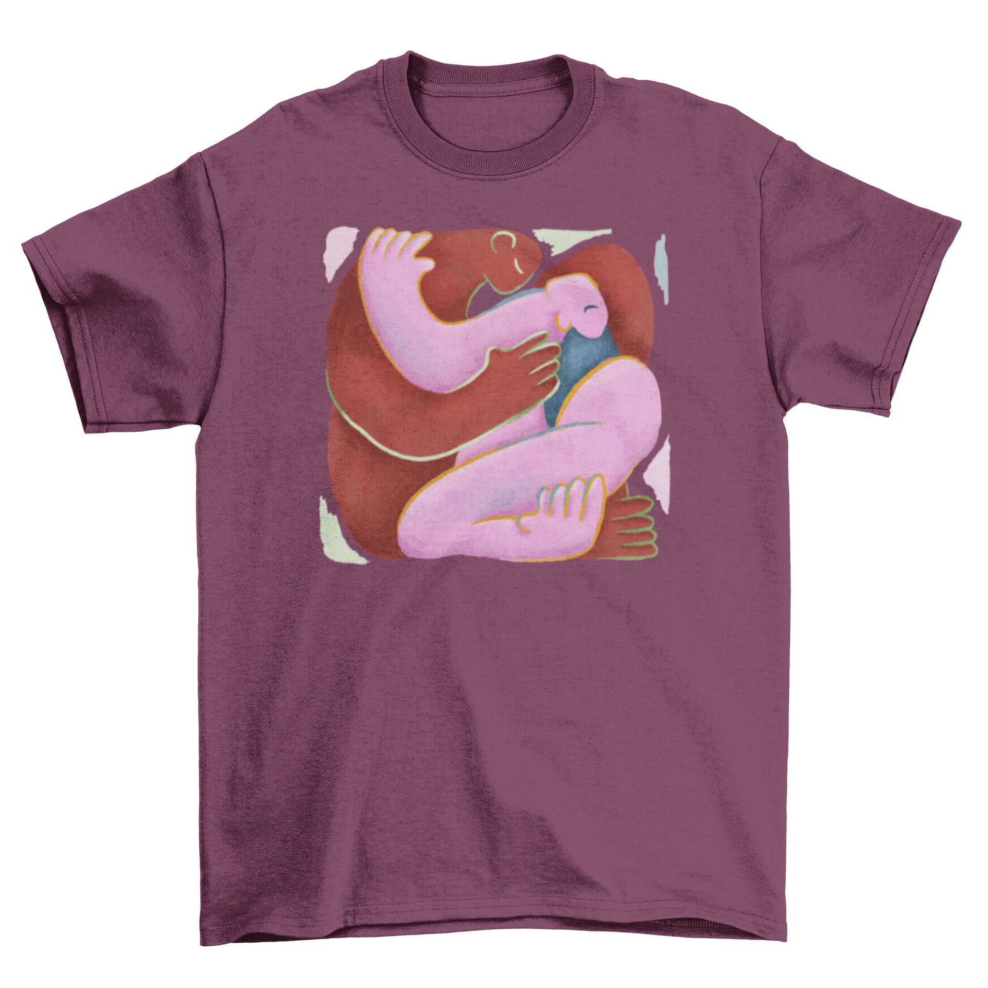 A stylish t-shirt featuring an abstract painting of two people hugging, showcasing vibrant colors and artistic design.