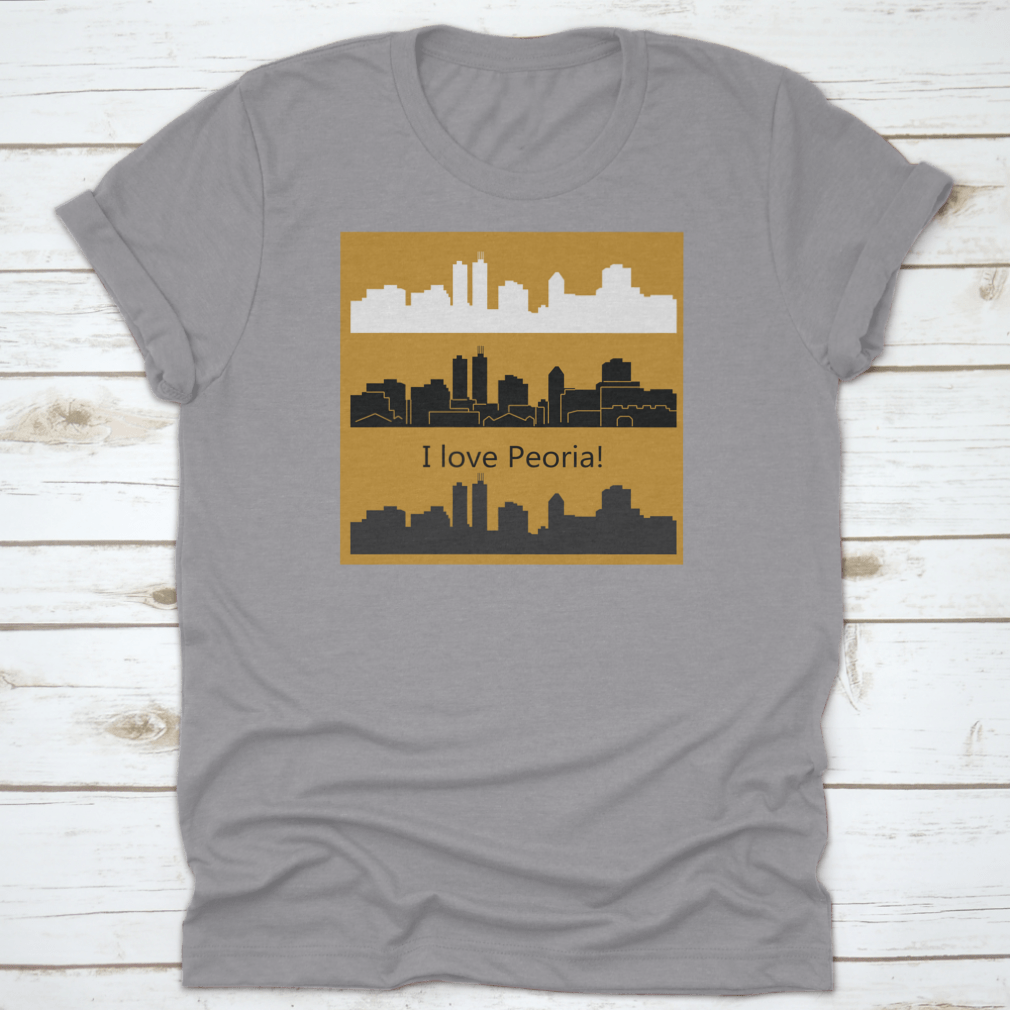 Stylish t-shirt featuring three vector designs of the Peoria, Illinois skyline, showcasing the city's architectural beauty.