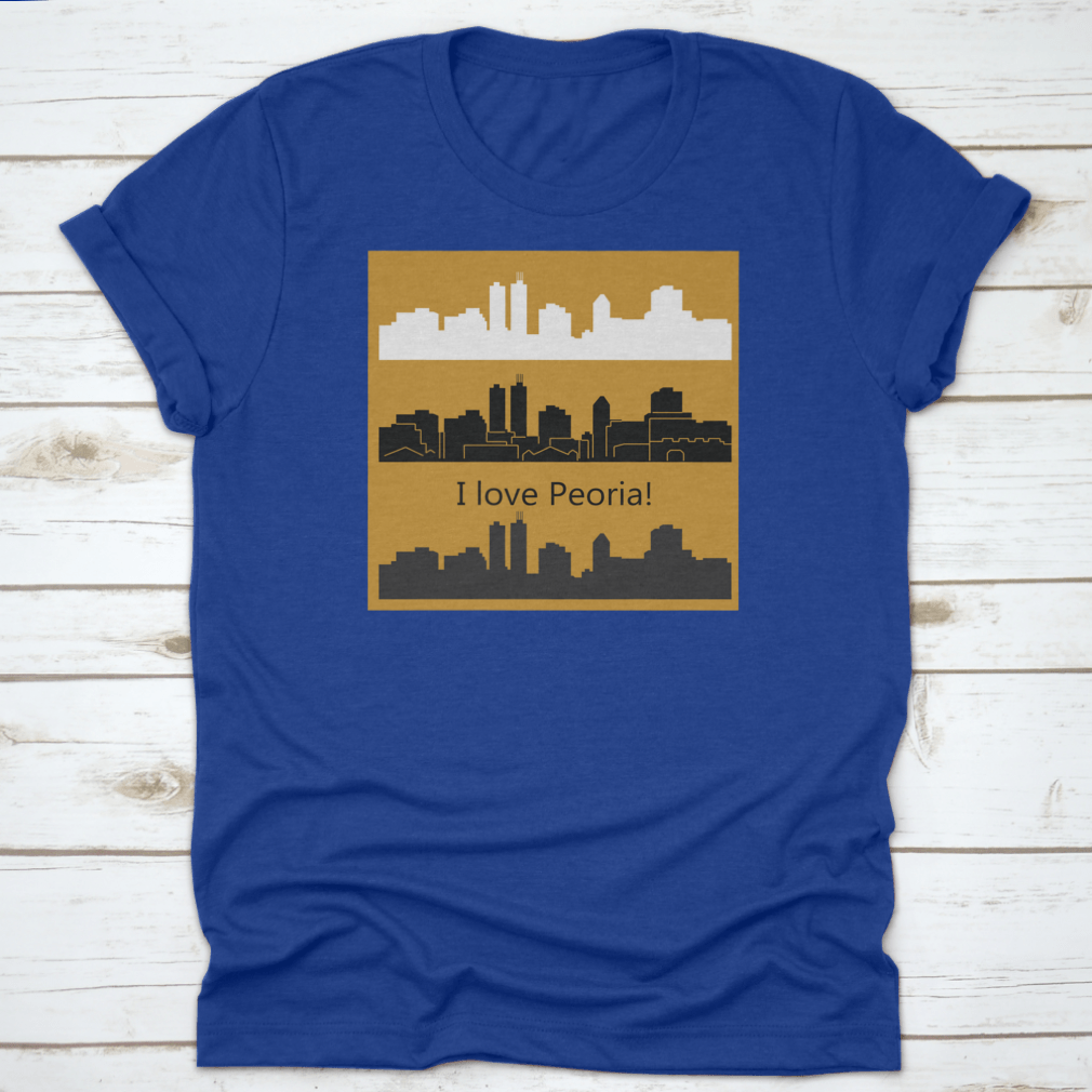 Stylish t-shirt featuring three vector designs of the Peoria, Illinois skyline, showcasing the city's architectural beauty.