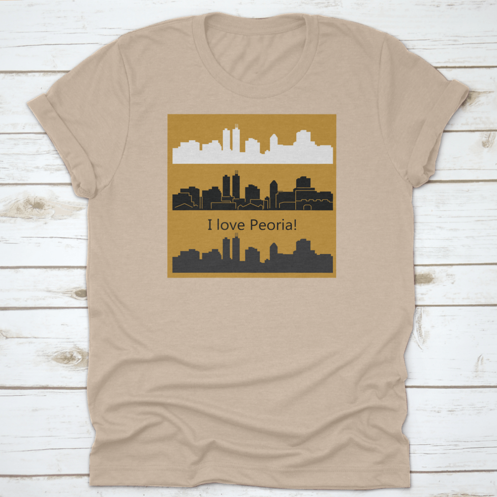 Stylish t-shirt featuring three vector designs of the Peoria, Illinois skyline, showcasing the city's architectural beauty.