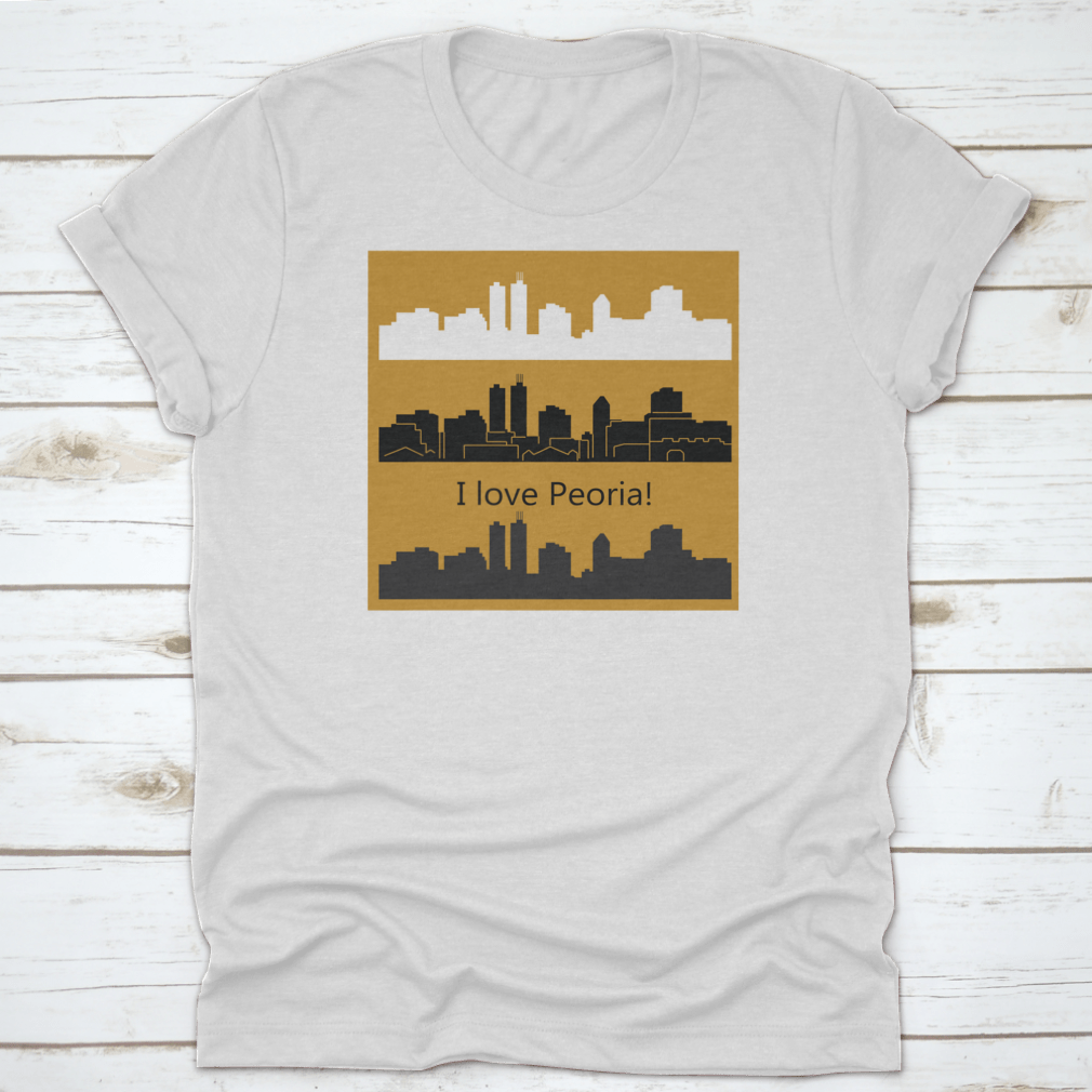 Stylish t-shirt featuring three vector designs of the Peoria, Illinois skyline, showcasing the city's architectural beauty.