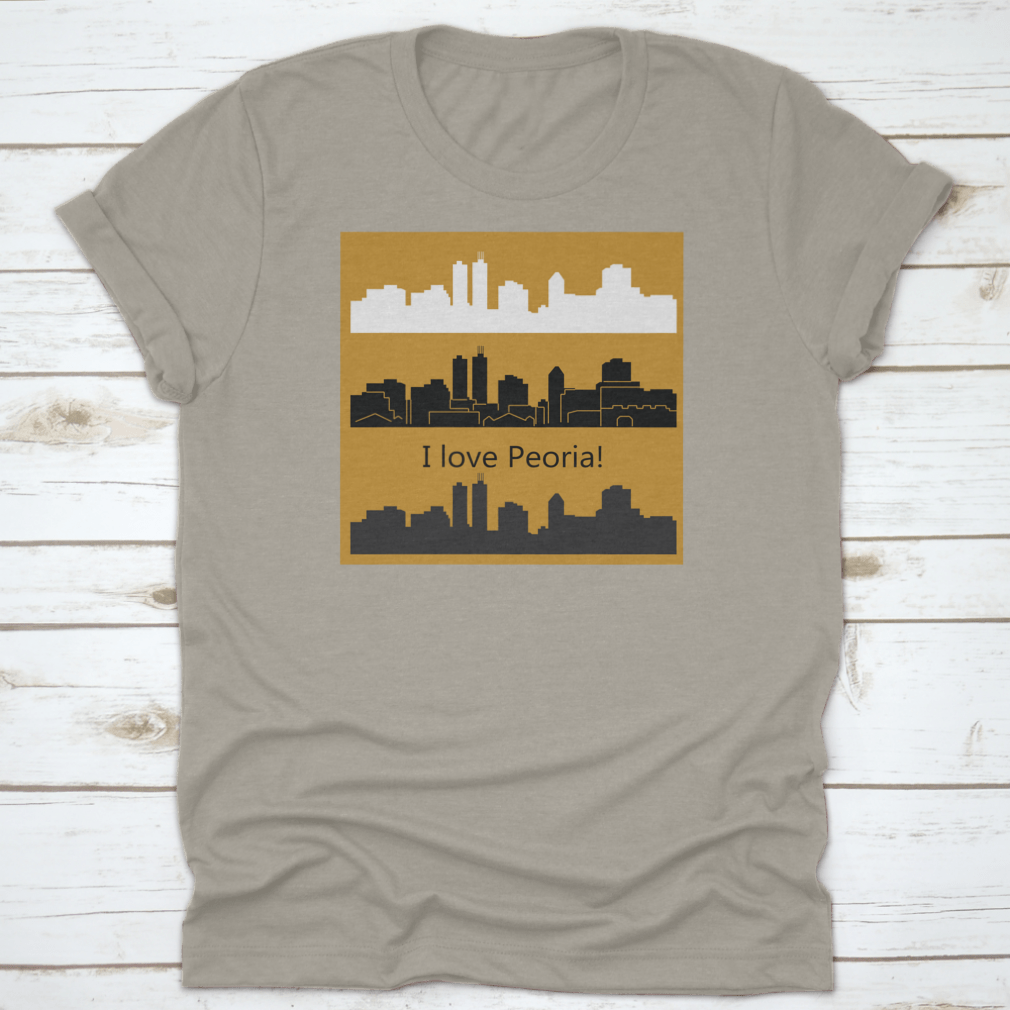 Stylish t-shirt featuring three vector designs of the Peoria, Illinois skyline, showcasing the city's architectural beauty.