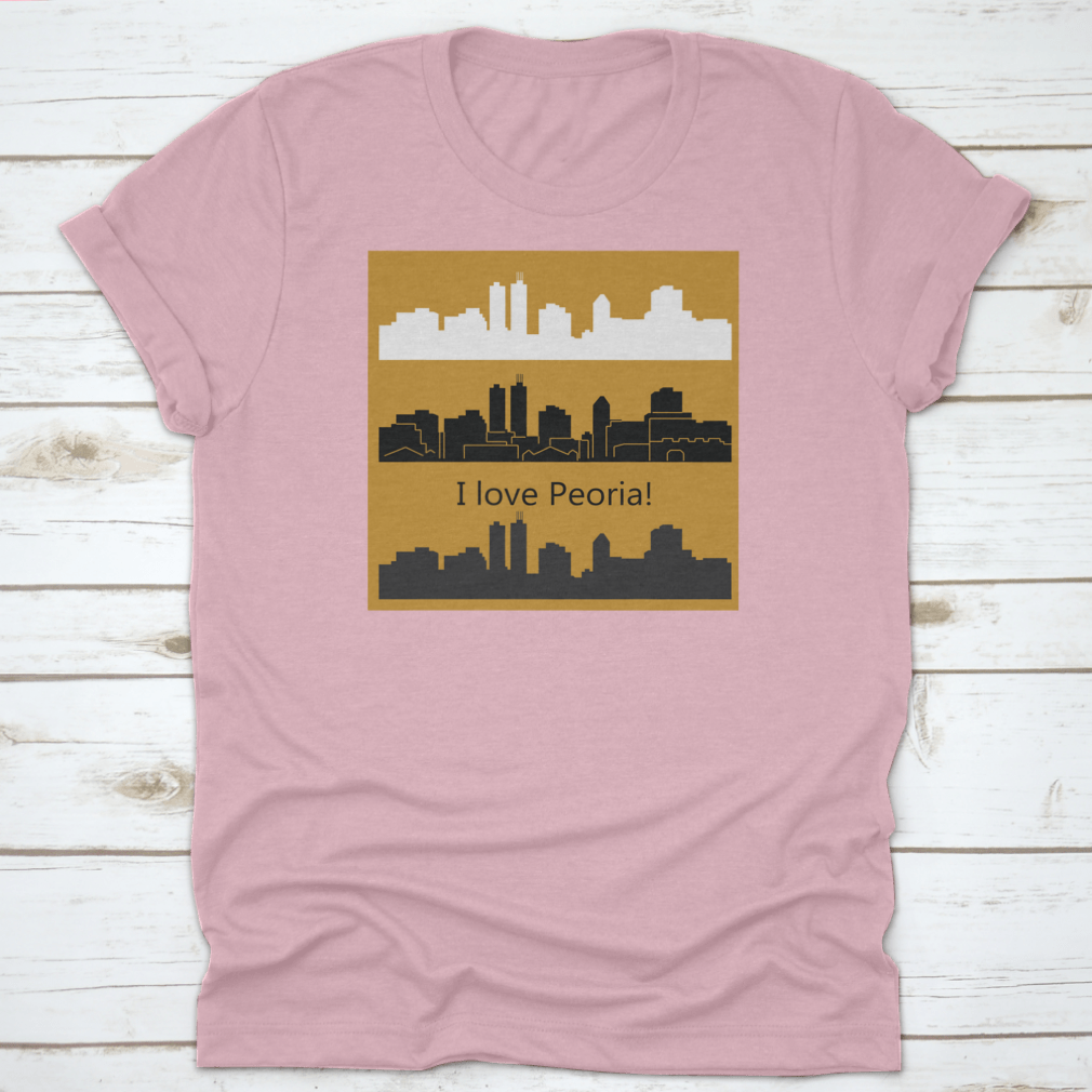 Stylish t-shirt featuring three vector designs of the Peoria, Illinois skyline, showcasing the city's architectural beauty.