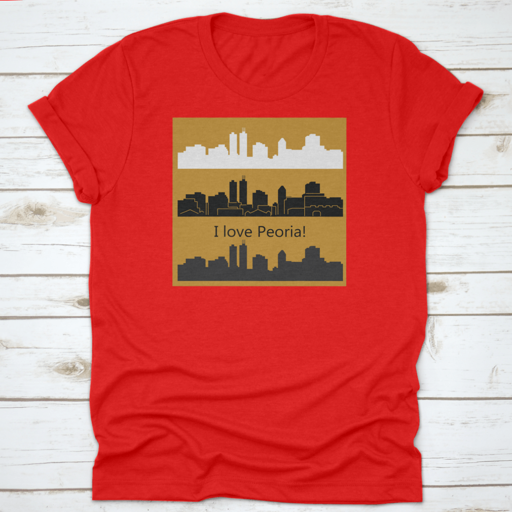 Stylish t-shirt featuring three vector designs of the Peoria, Illinois skyline, showcasing the city's architectural beauty.