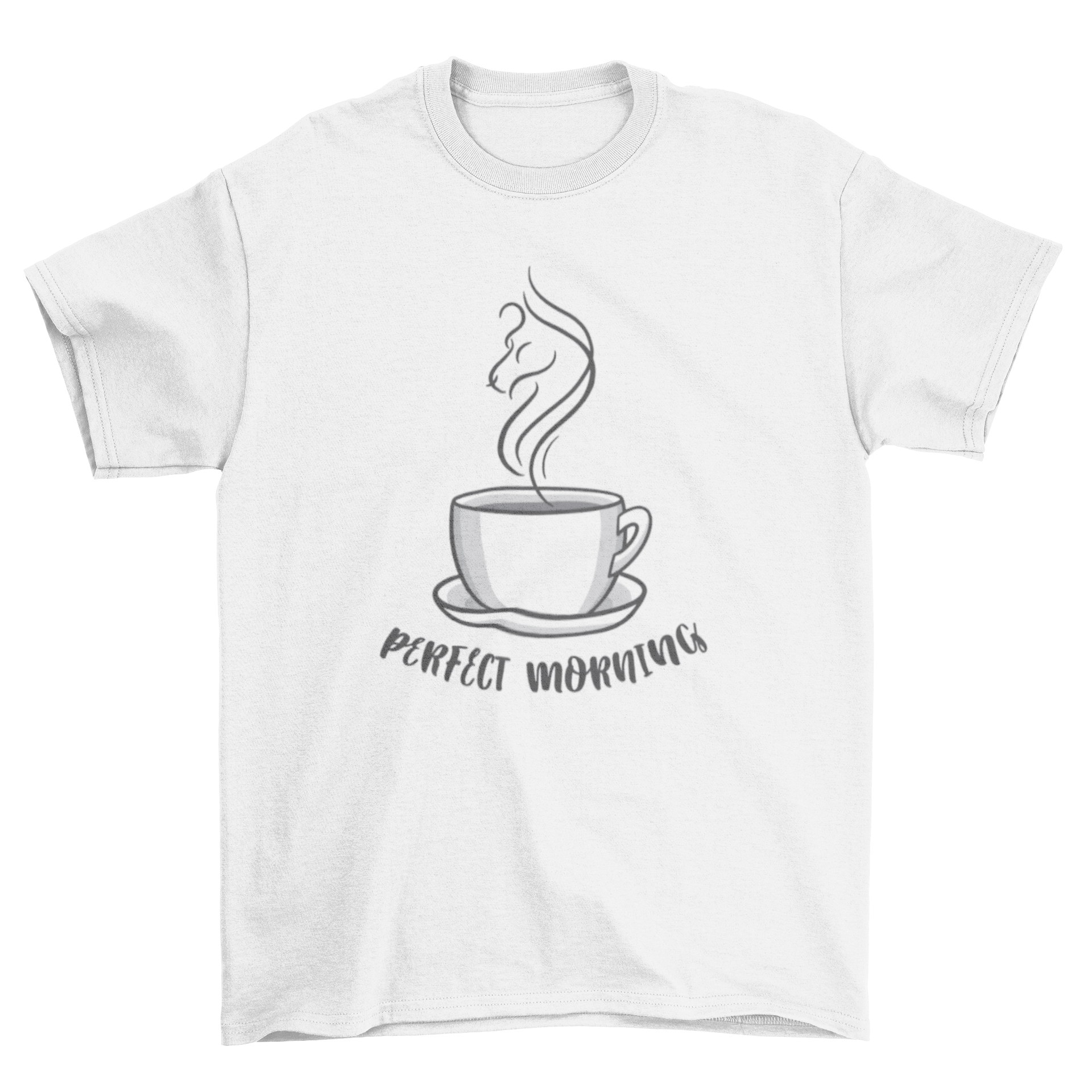 A stylish t-shirt featuring a cheerful mug design with the quote 'Perfect morning', perfect for casual wear.