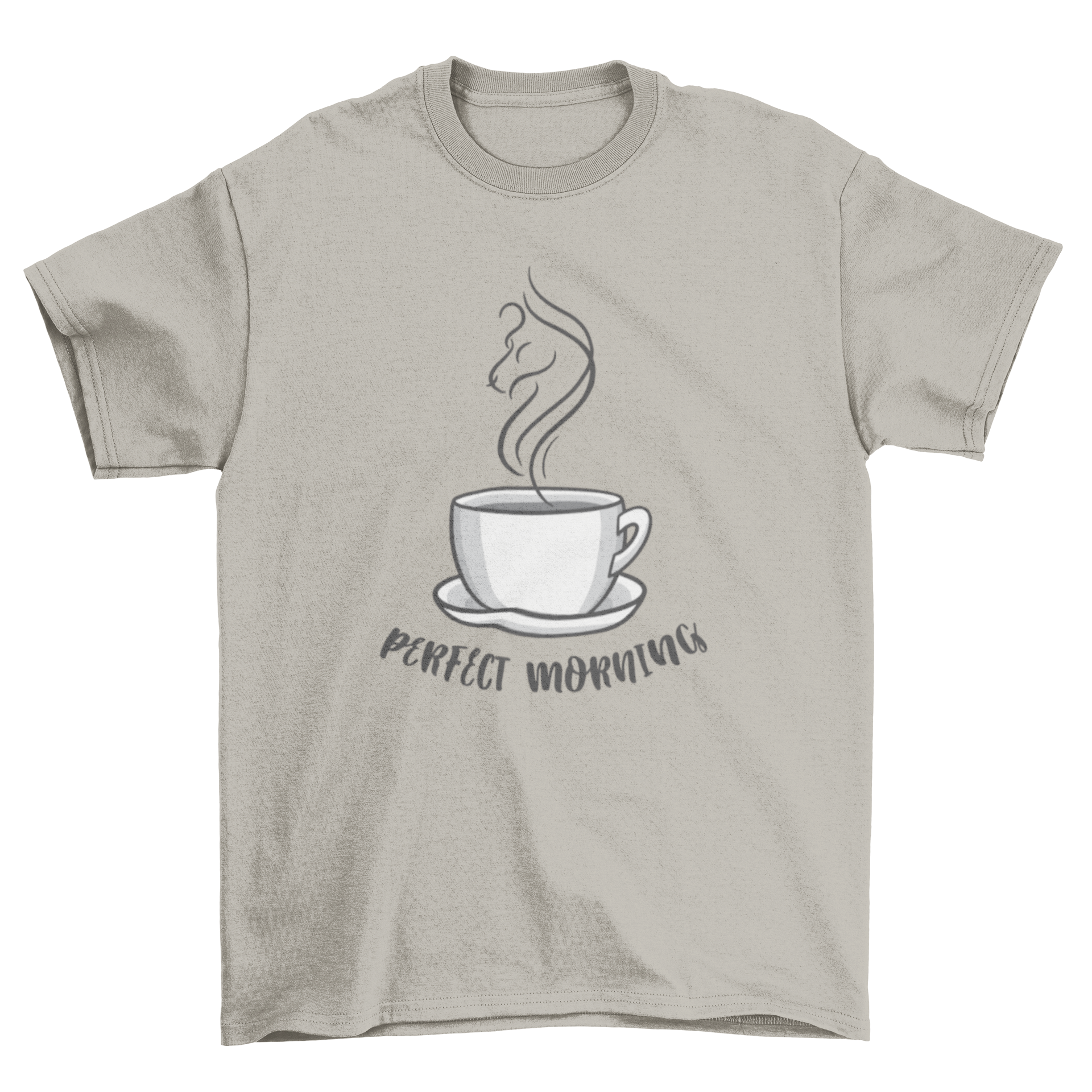 A stylish t-shirt featuring a cheerful mug design with the quote 'Perfect morning', perfect for casual wear.