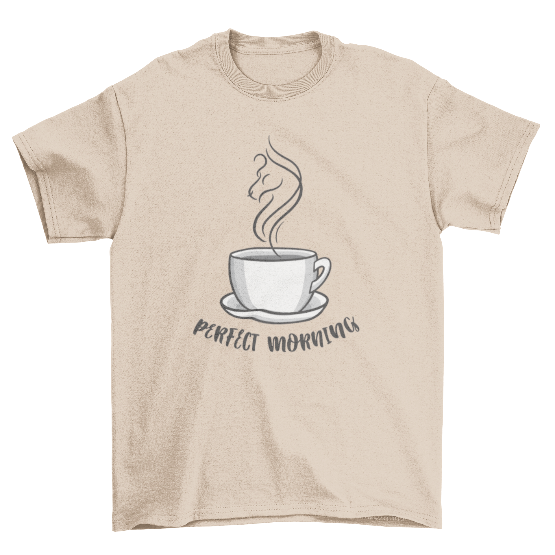 A stylish t-shirt featuring a cheerful mug design with the quote 'Perfect morning', perfect for casual wear.