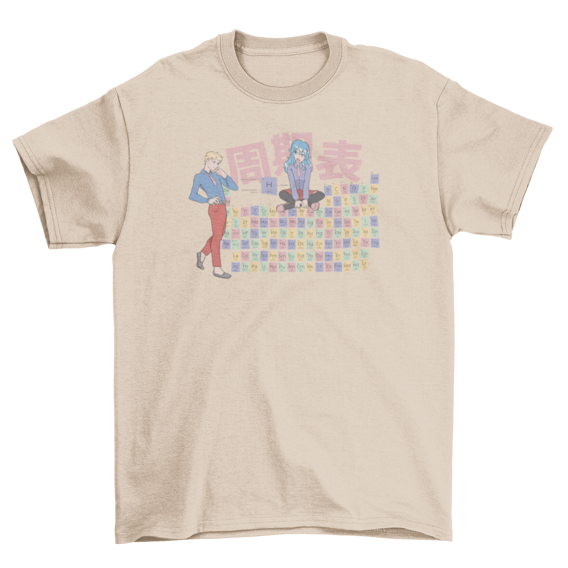 A stylish t-shirt featuring a colorful periodic table design with various anime characters integrated into the elements.