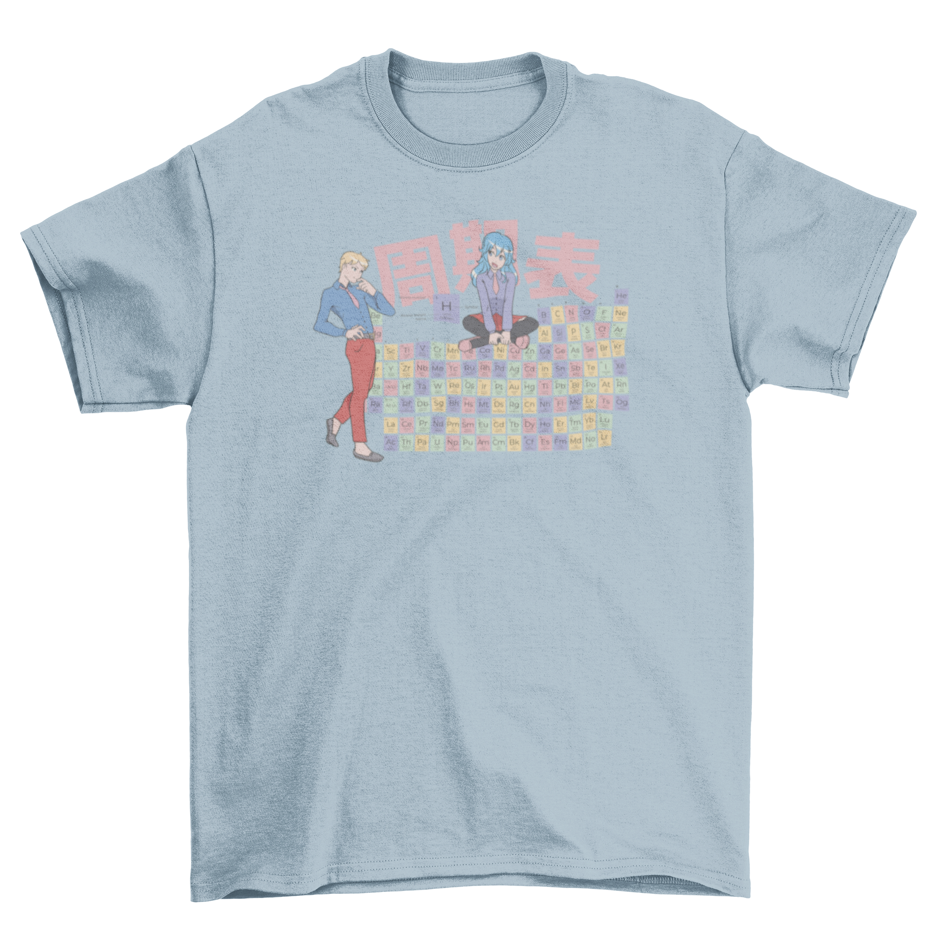 A stylish t-shirt featuring a colorful periodic table design with various anime characters integrated into the elements.